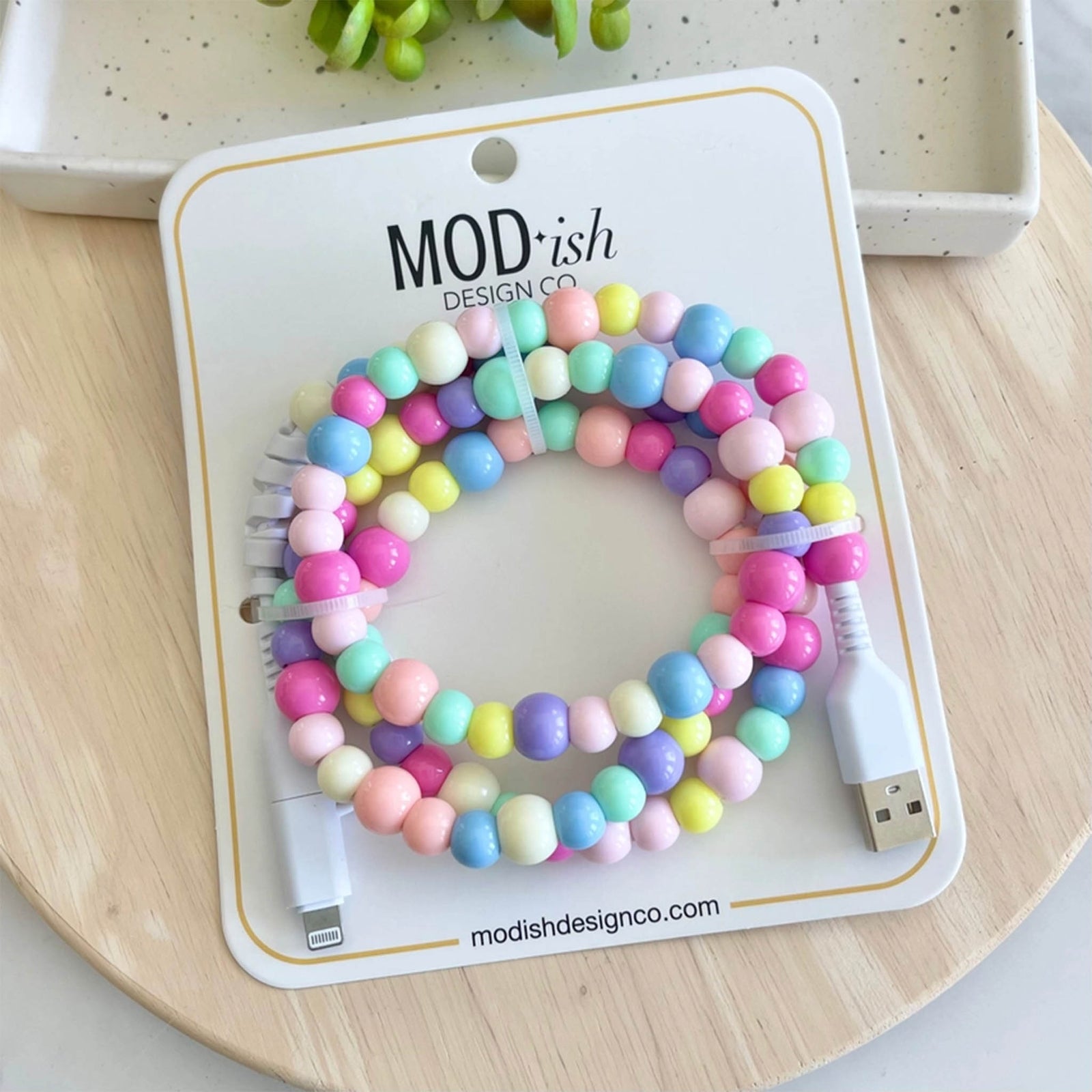 Colorful beaded charging cable with pastel beads USB cord accessory