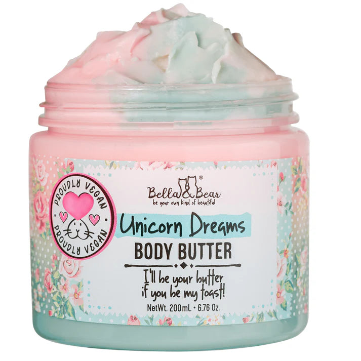 Bella & Bear Unicorn Dreams Body Butter with whimsical packaging—rich, creamy moisturizer perfect for softening and hydrating skin with a sweet scent.