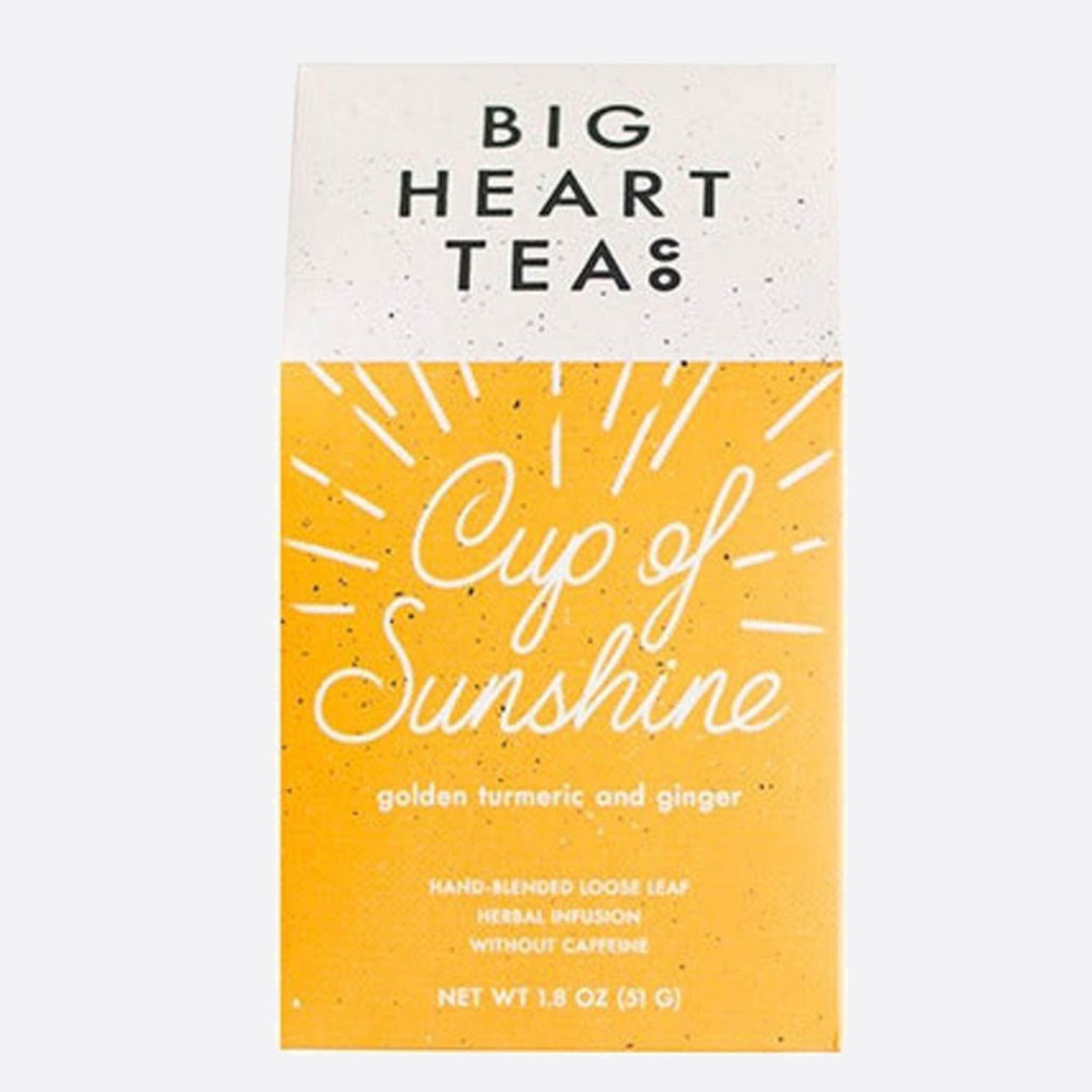 Big Heart Tea Cup of Sunshine loose leaf tea with golden turmeric and ginger in yellow packaging