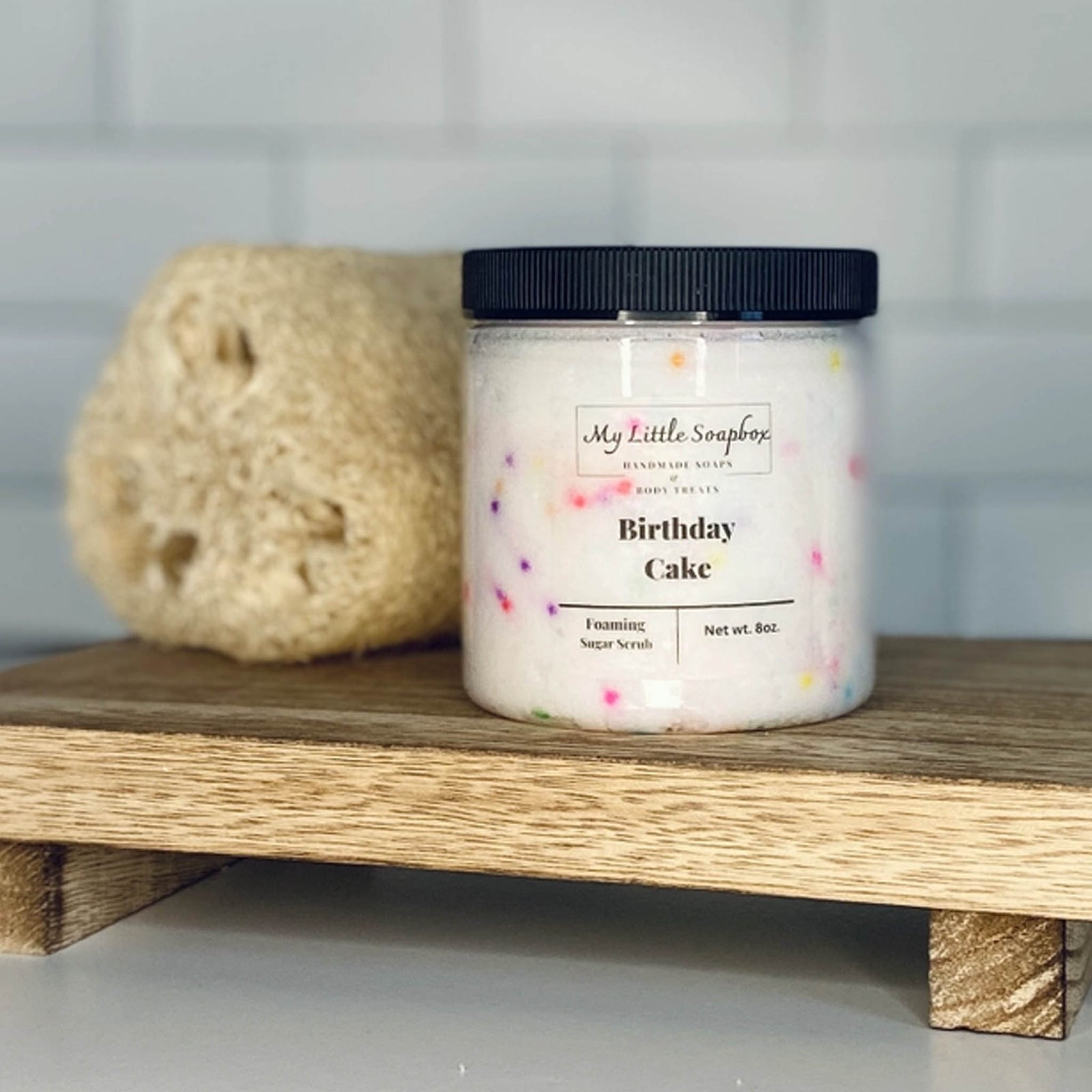 Birthday cake foaming sugar scrub with colorful confetti exfoliating body polish in jar