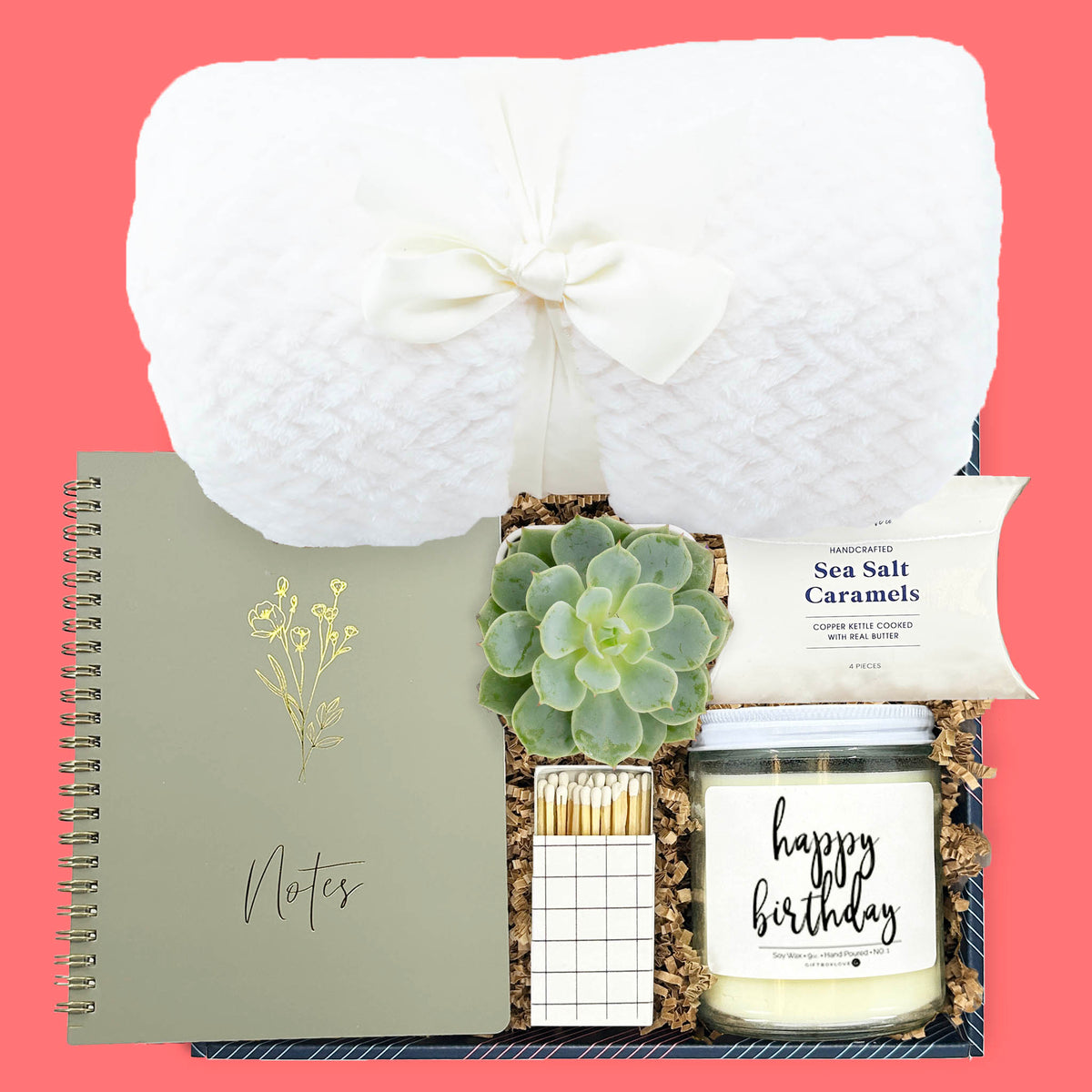 birthday gift box with blanket candle succulent journal and caramels