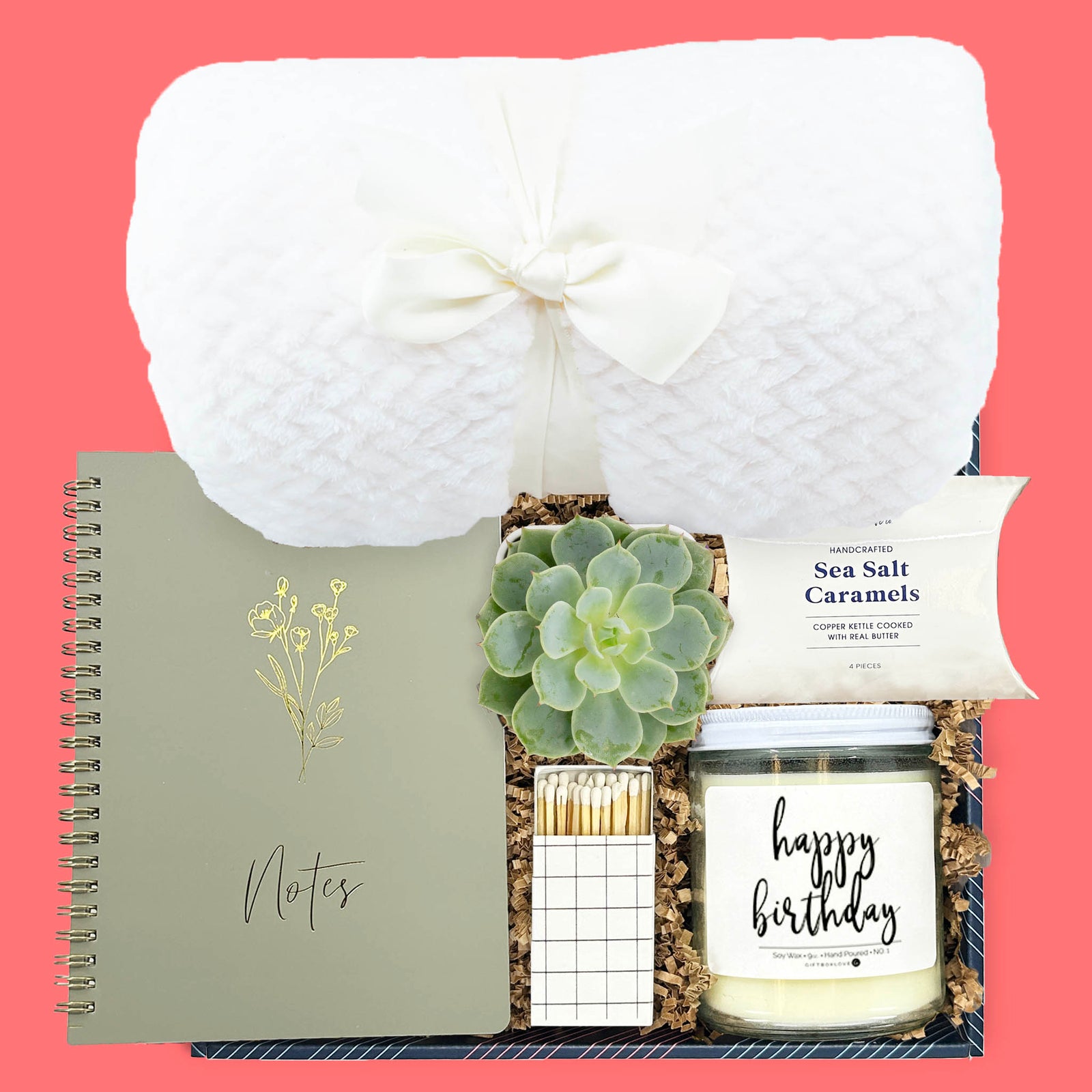 birthday gift box with blanket candle succulent journal and caramels