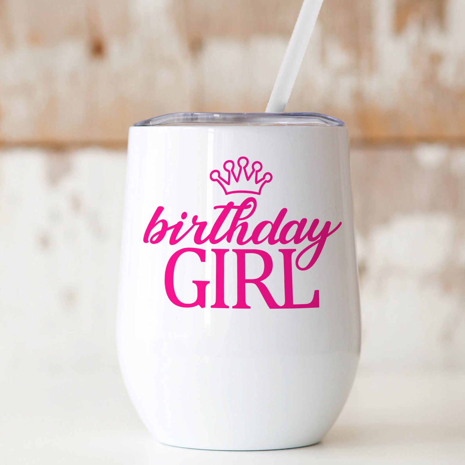 White 12 oz insulated wine tumbler with pink birthday girl design and crown