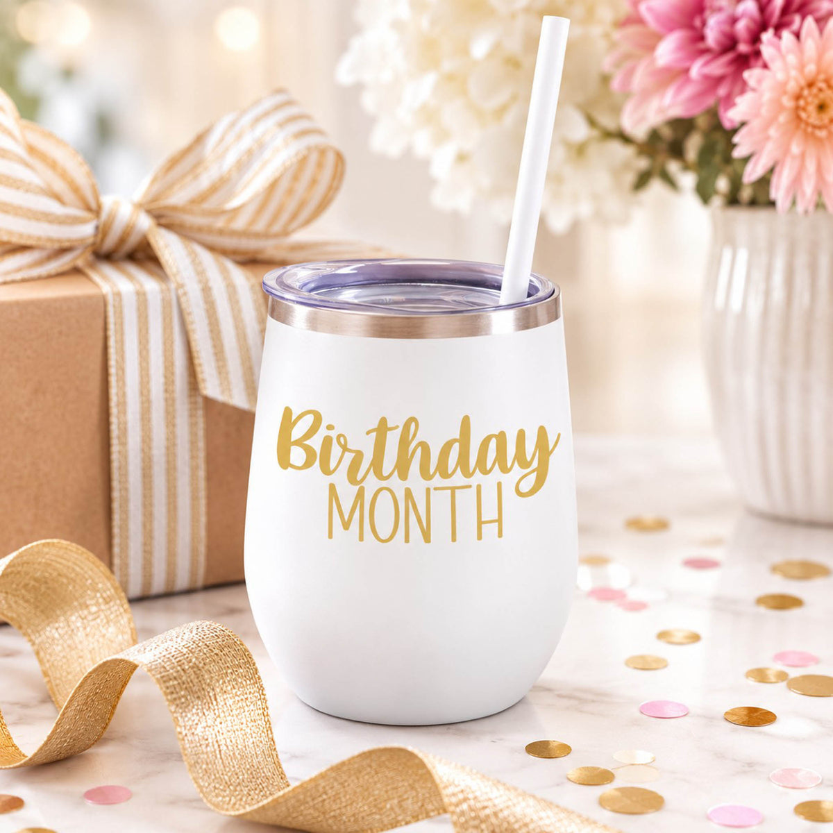 white birthday month insulated tumbler with straw