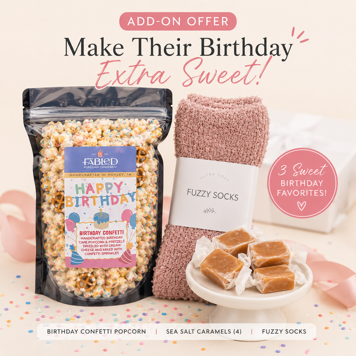 birthday popcorn fuzzy socks and sea salt caramels add-on bundle