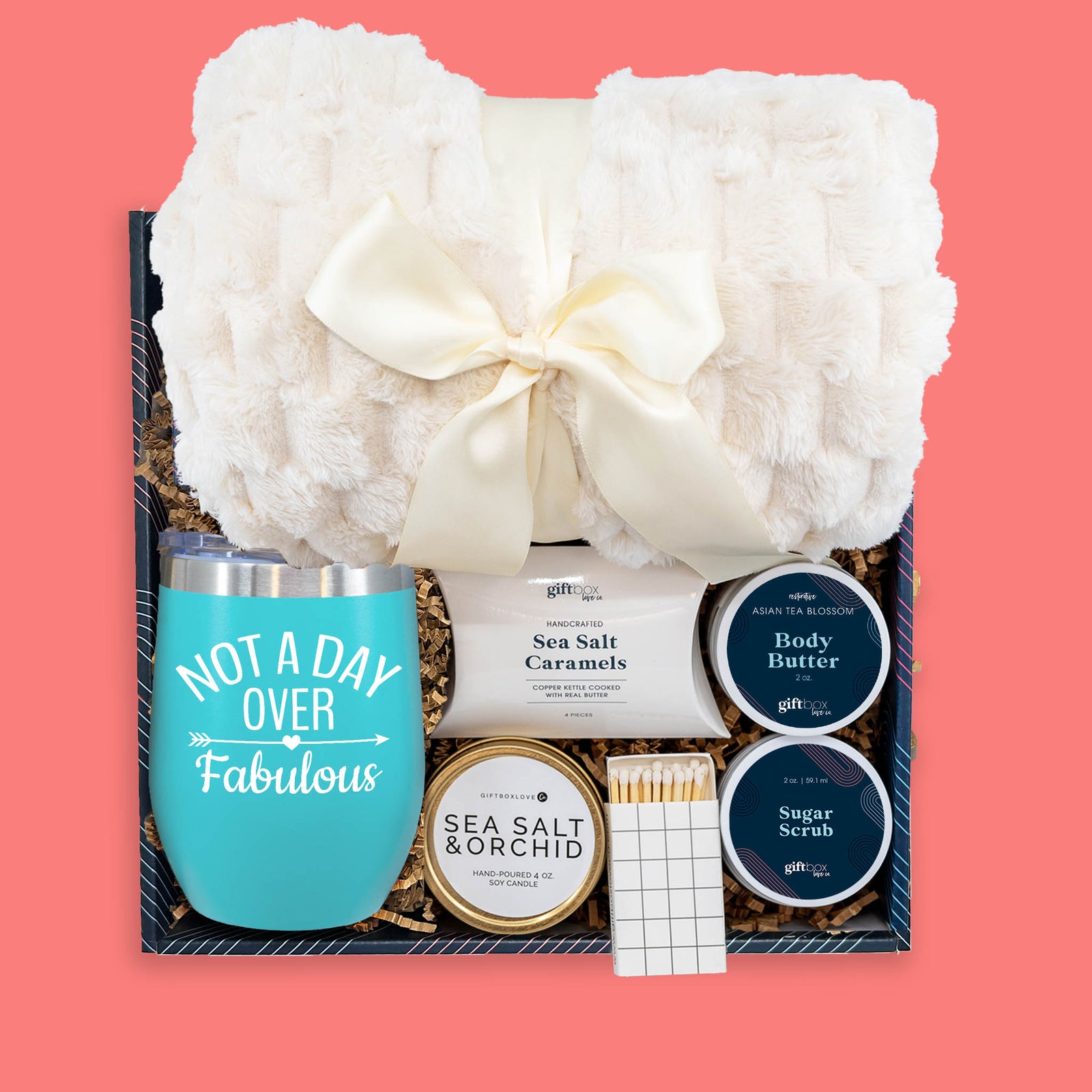 birthday smiles gift box with birthday tumbler blanket candle and spa gifts