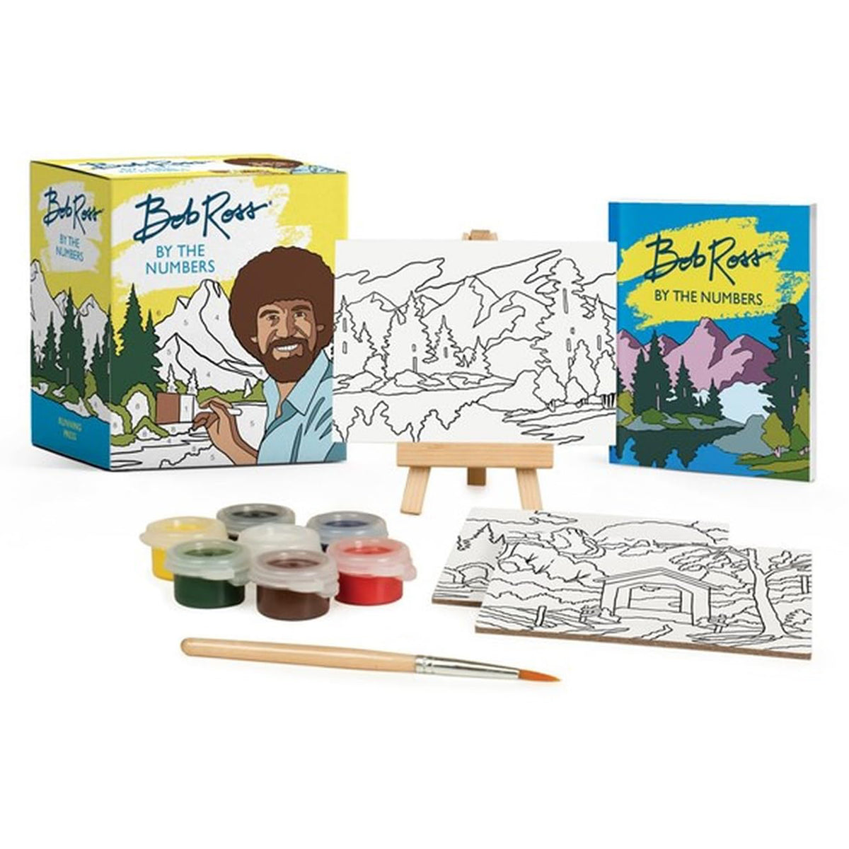 Bob Ross mini paint-by-numbers kit with easel, paint pods, brush, and illustrated guide for creative gift boxes.