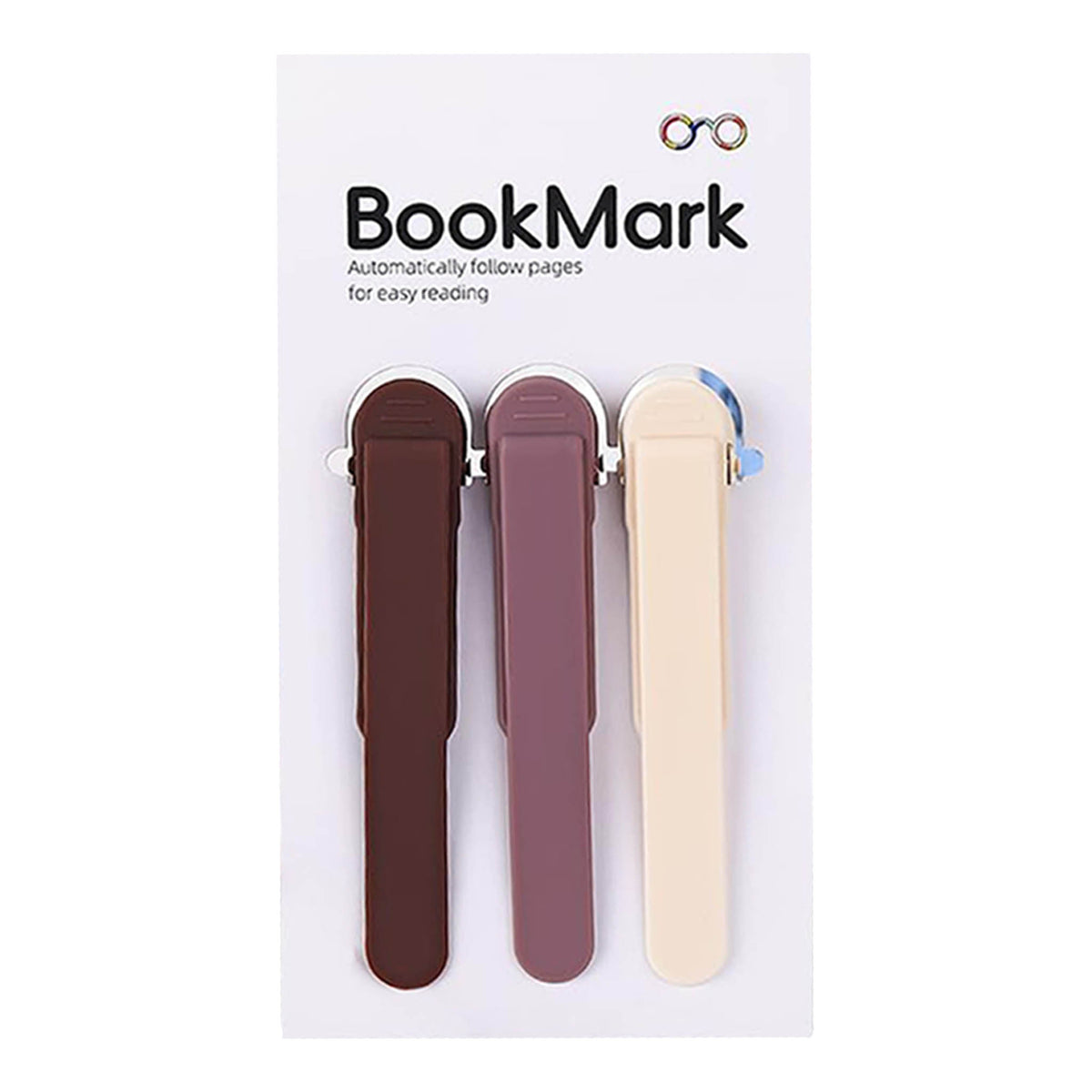 Set of 3 modern bookmark clips in brown, mauve, and cream on display card.