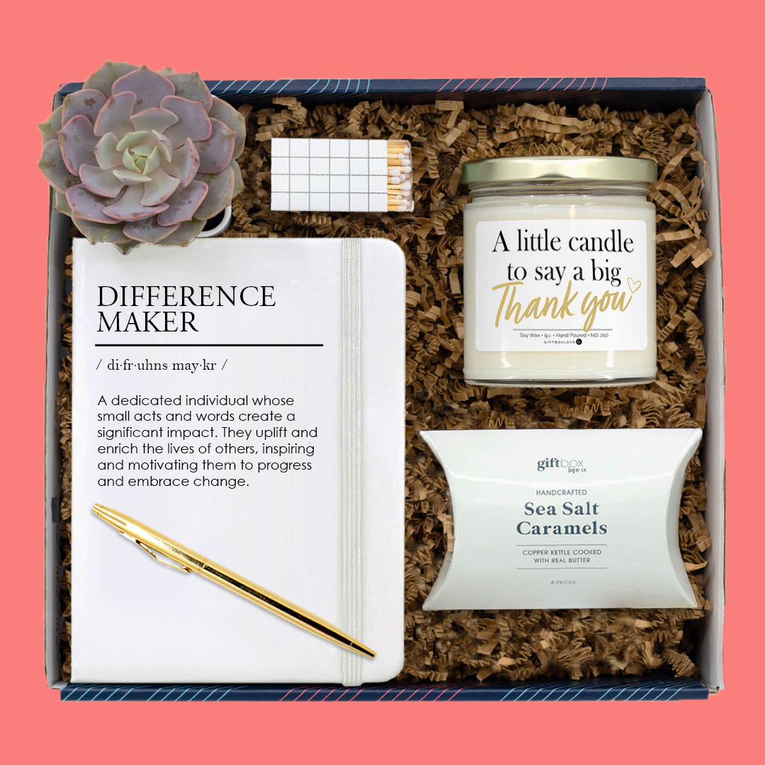 Boss’s Day gift box with thank you candle, notebook, caramels, and succulent.