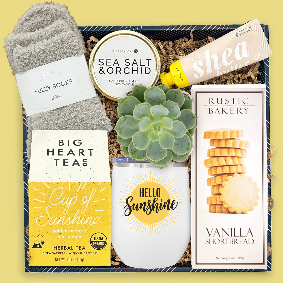 brighter days gift box with sunshine tumbler fuzzy socks tea shortbread succulent candle and hand cream