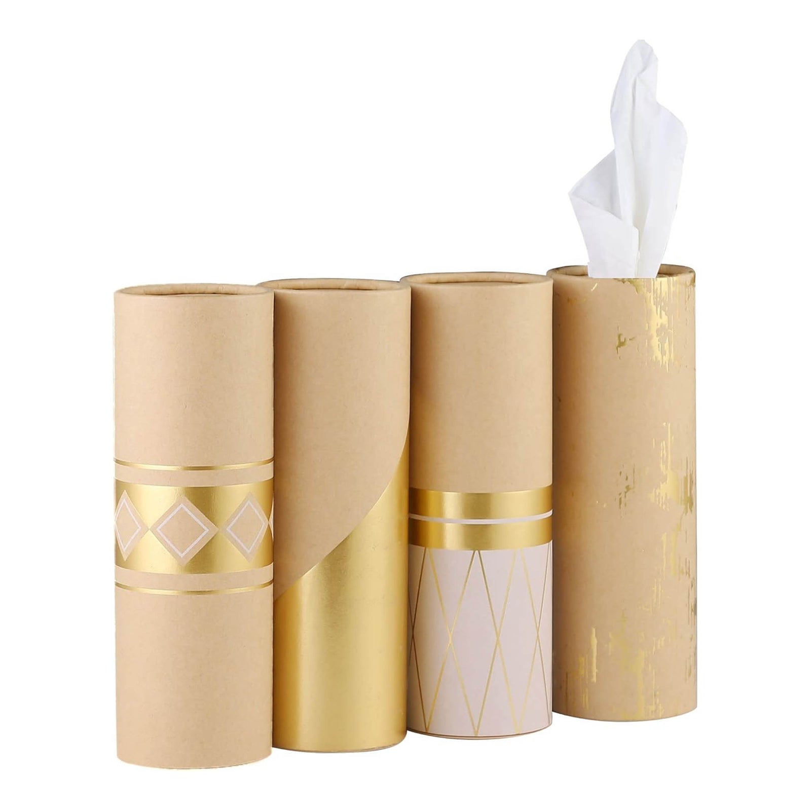 Car tissue holder with gold accents, designed to fit in cup holders.