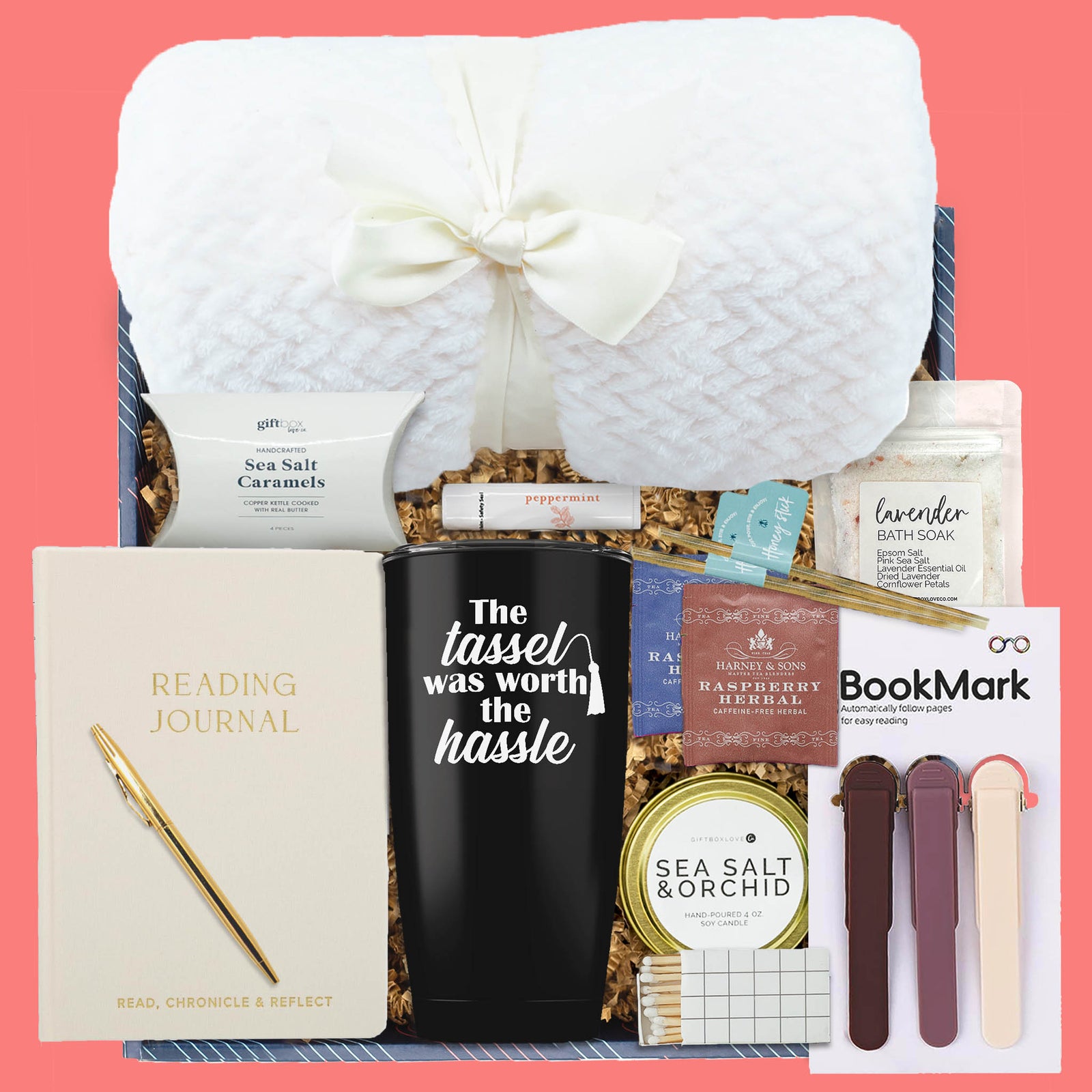 graduation gift box with tumbler blanket journal tea candle and bath soak