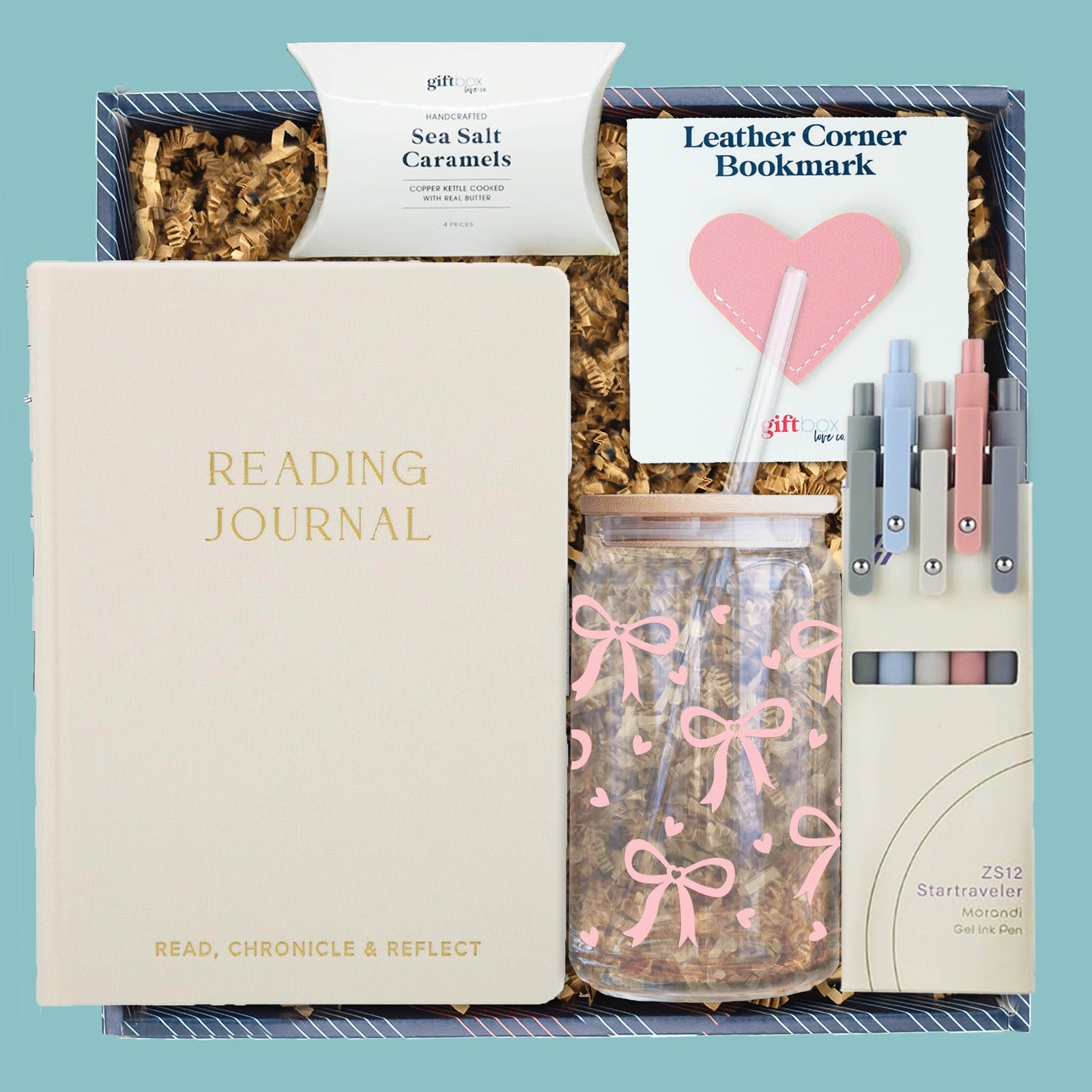 Chapters and cheers reading gift box with journal bookmark glass cup pens and caramels