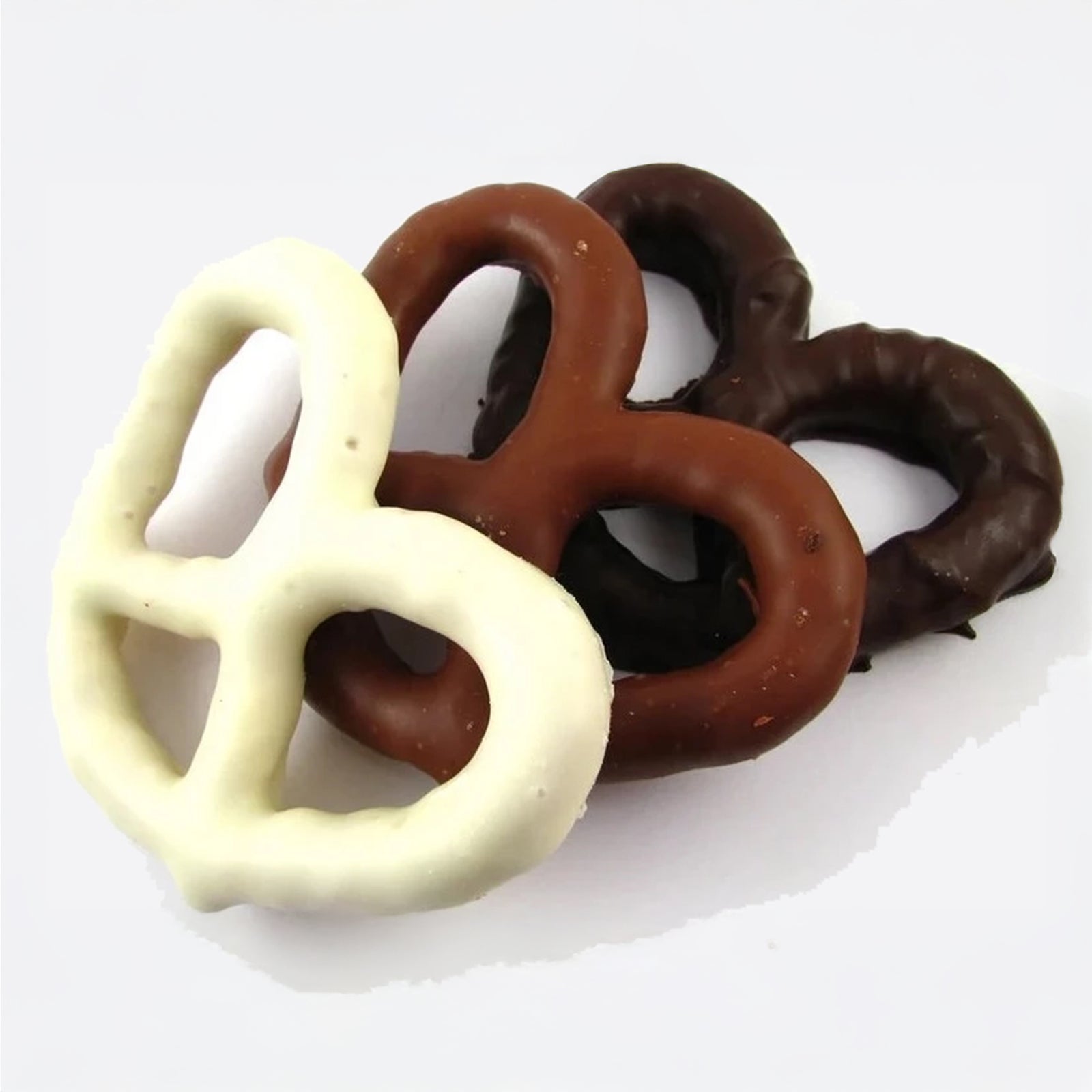 Milk, dark, and white chocolate covered pretzels