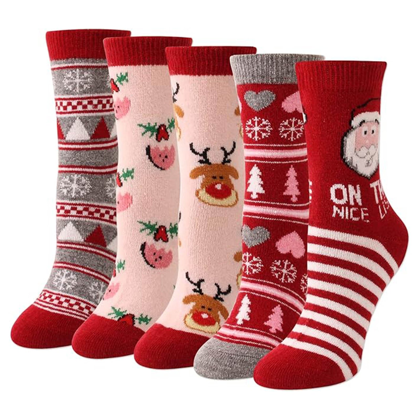 Cozy Christmas socks with festive red and pink holiday patterns.