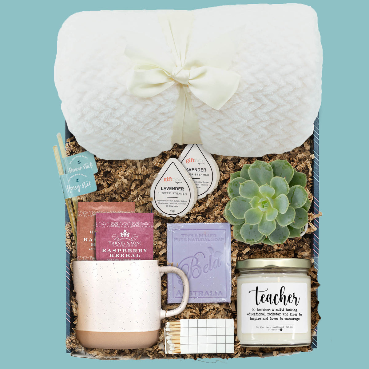 classroom to calm teacher gift box with blanket mug candle succulent tea and self care gifts