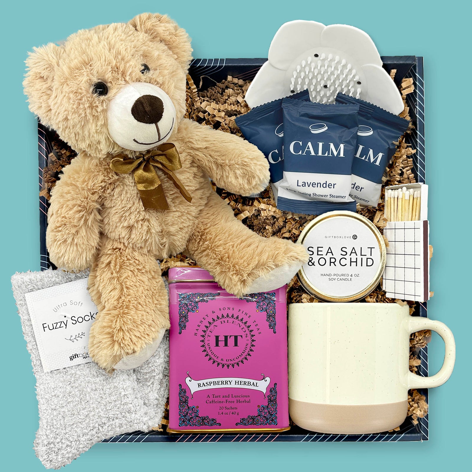 Comfort Collection sympathy and get well gift box with teddy bear, tea, candle, mug, and shower steamers