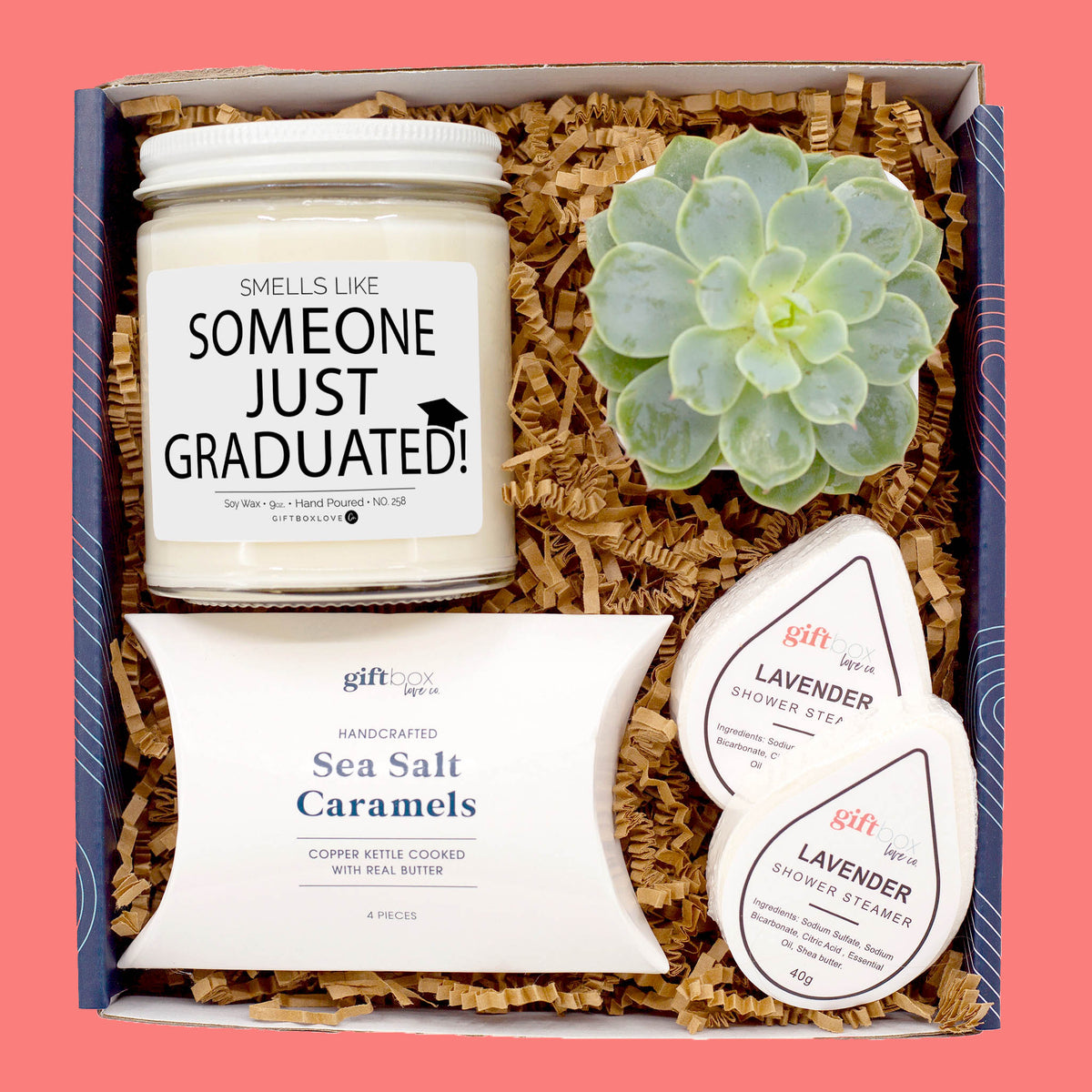 graduation gift box with candle succulent shower steamers and caramels