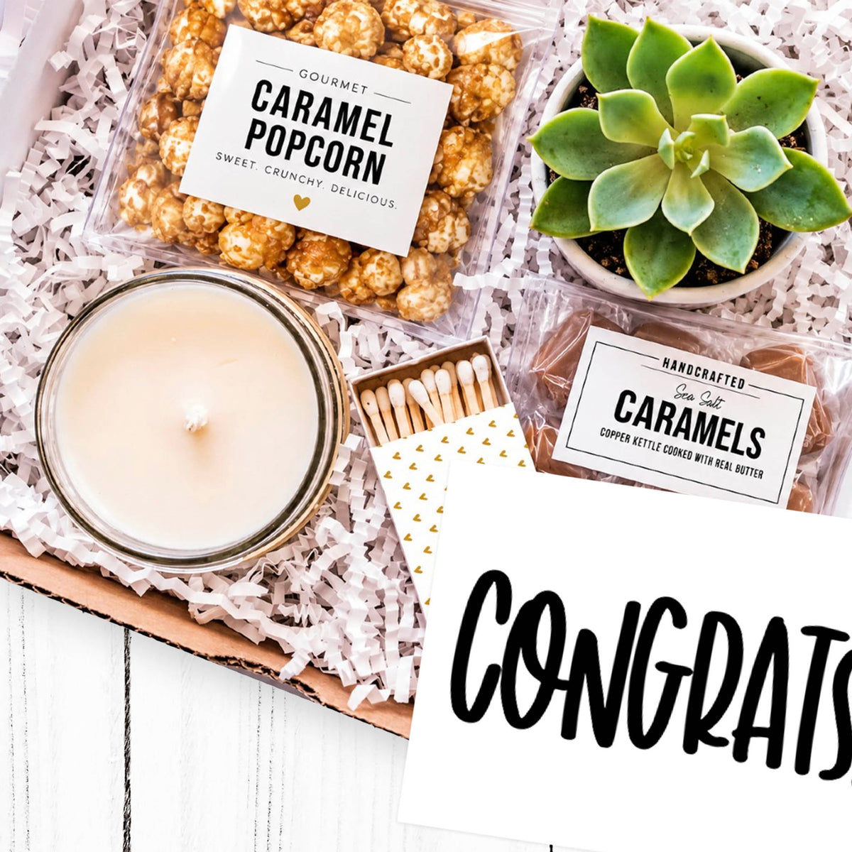 Congrats on the new job gift box with succulent, candle and treats
