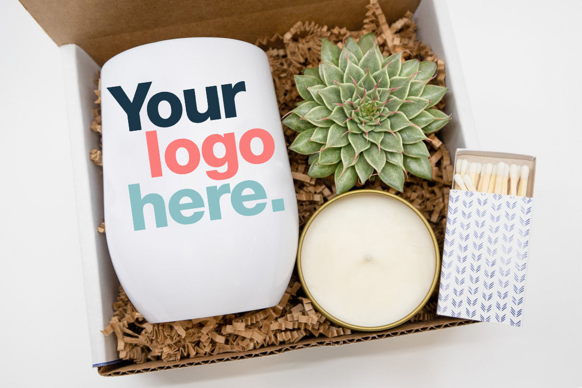 Corporate Gift Box featuring a tumbler customized with your logo, a live succulent, and a soy candle—perfect for celebrating their brand with a personal touch.
