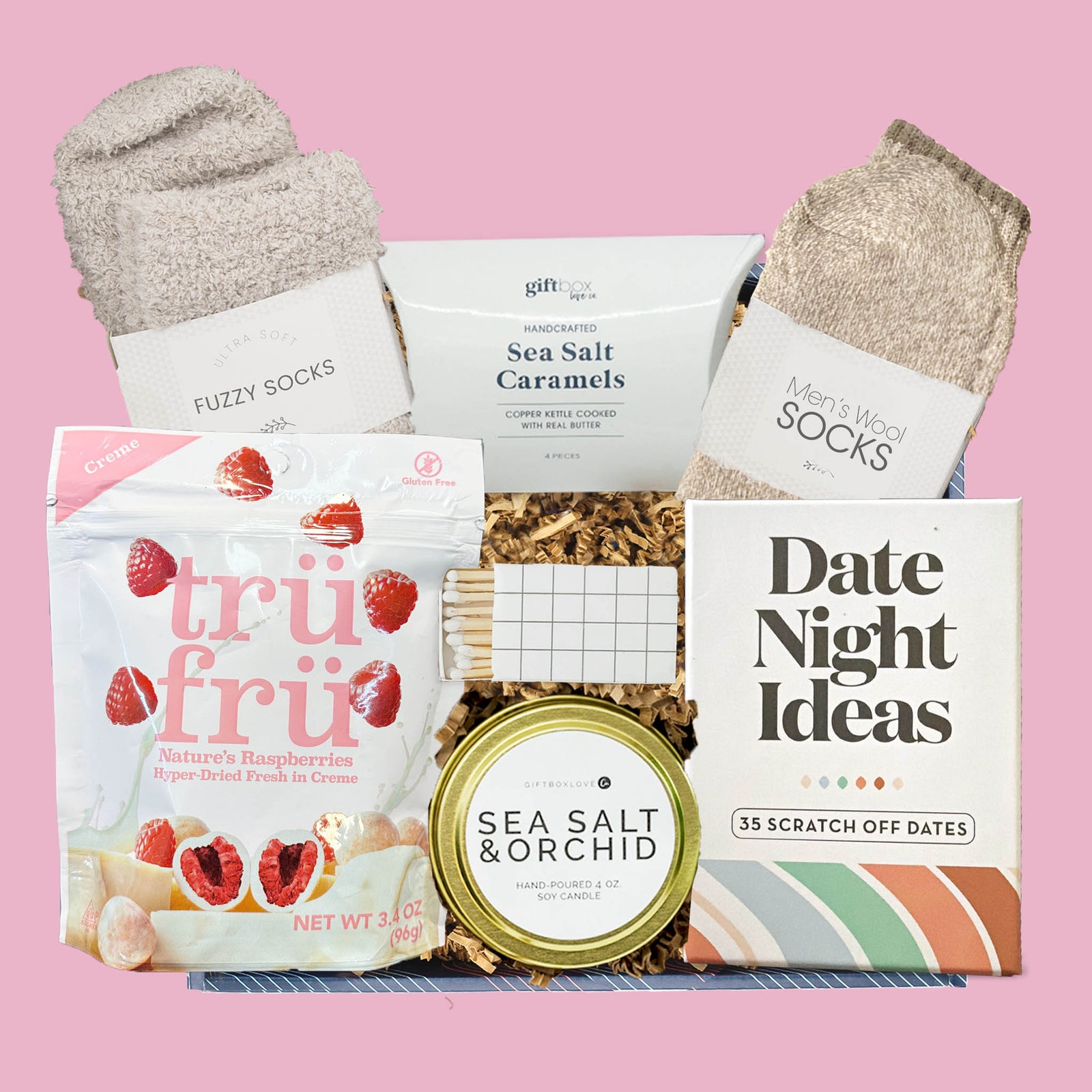 Date night gift box with scratch off date cards, candle, caramels, treats, and cozy socks
