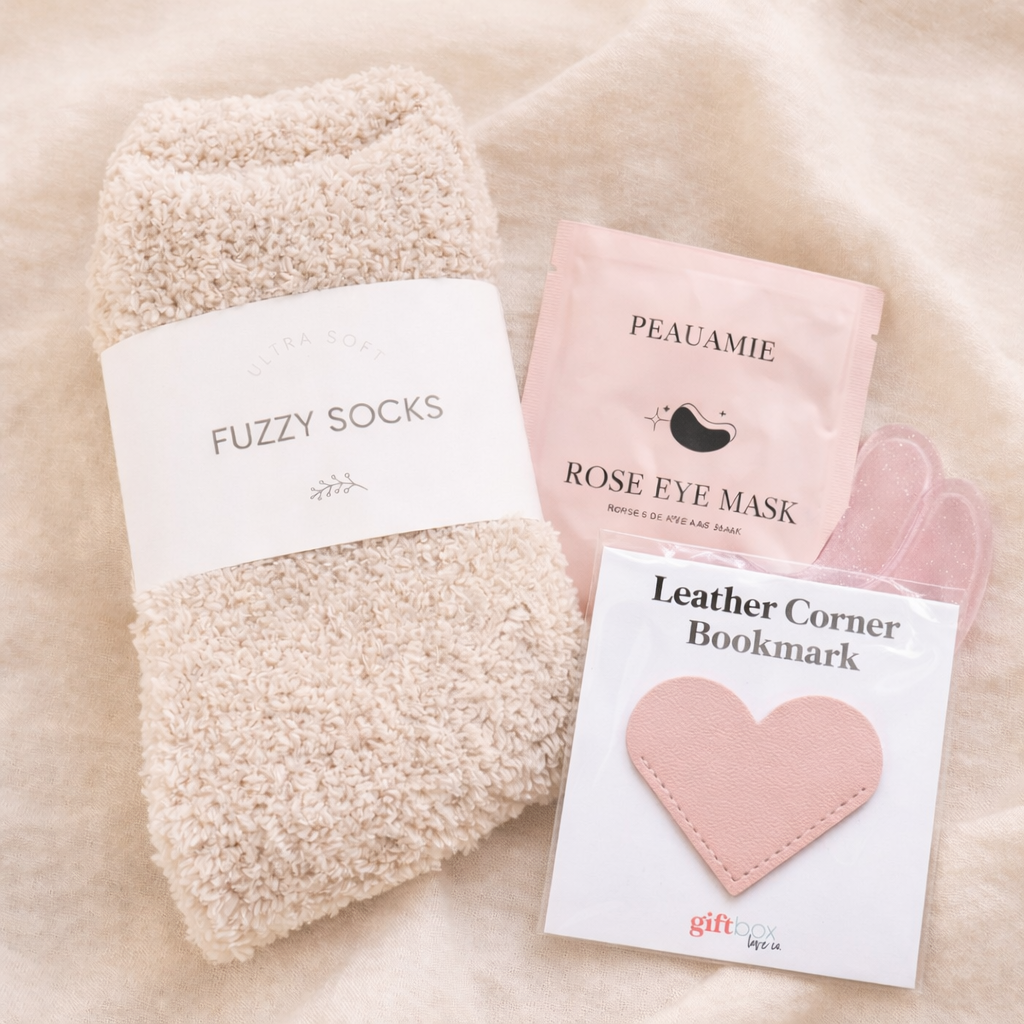 Cozy gift upgrade bundle with fuzzy socks, rose eye mask and blush leather corner bookmark