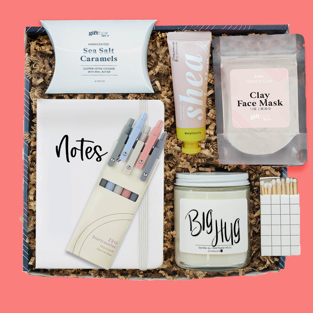 Cozy Reflections Gift Box with candle, journal, hand cream, clay mask, caramels, and matches