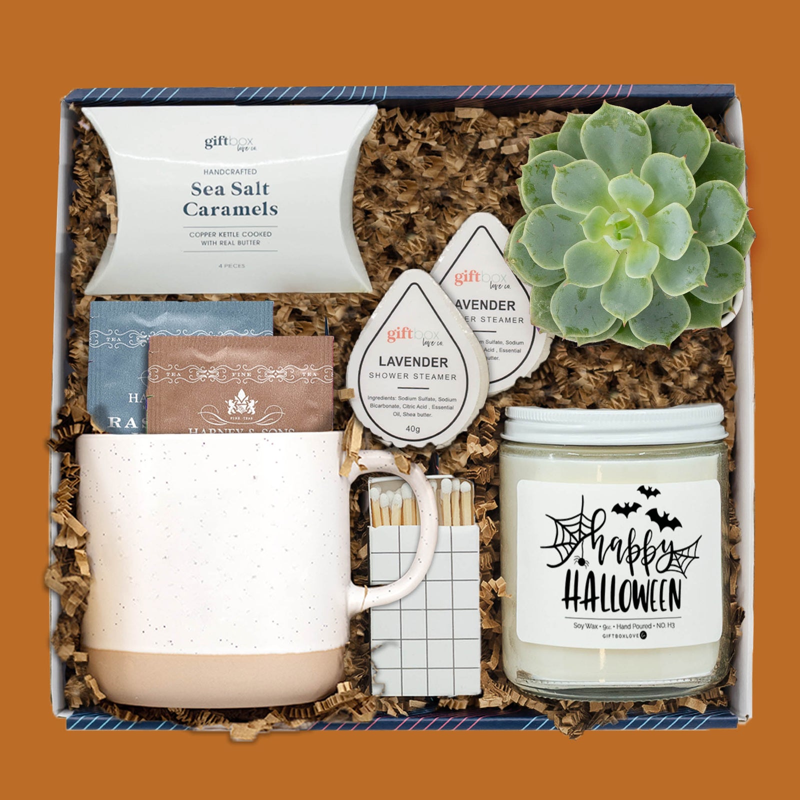 Creepy & Cozy Gift Box with stoneware mug, herbal tea, sea salt caramels, lavender shower steamers, Halloween soy candle, live succulent, and decorative matches.