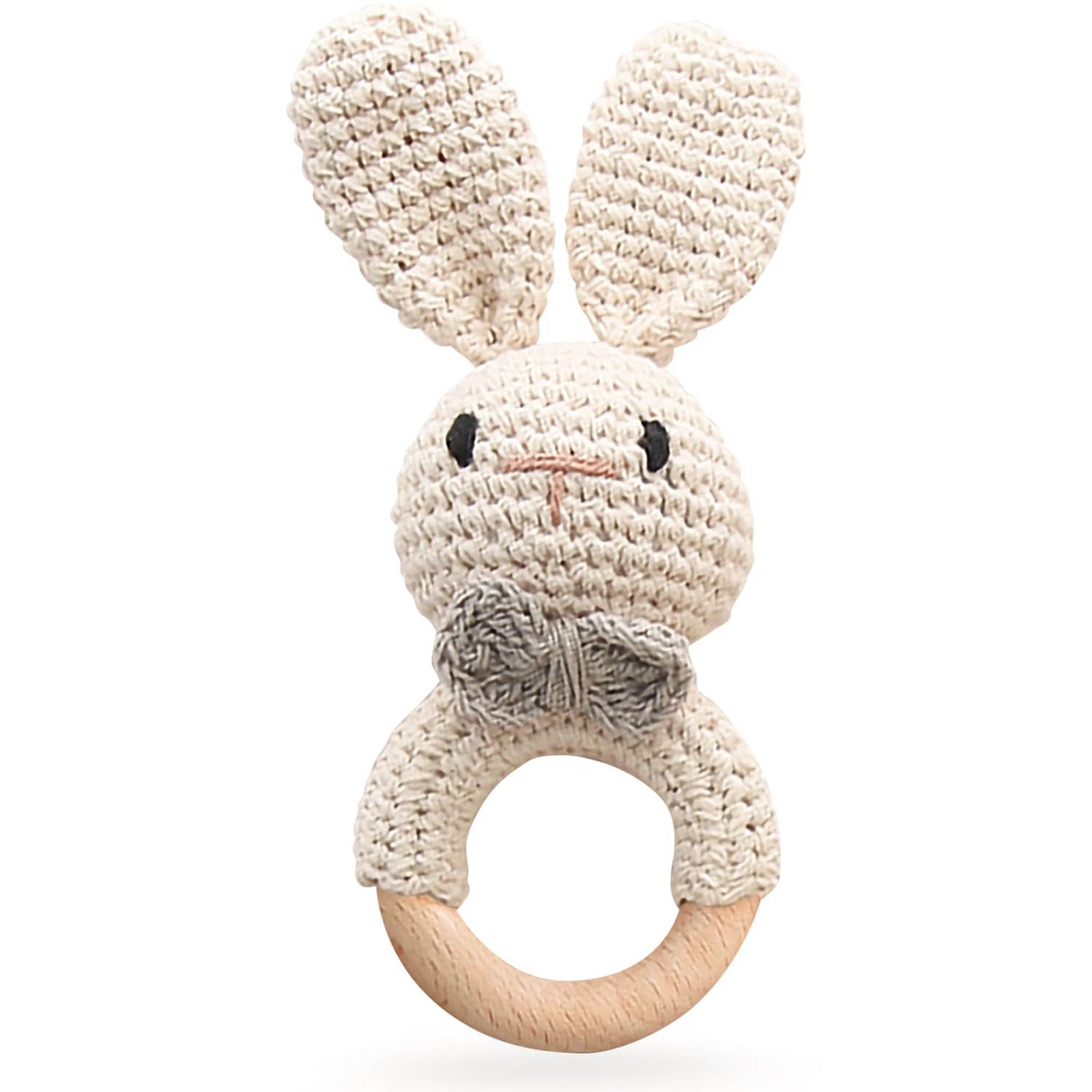 Crochet bunny baby rattle with natural wooden ring