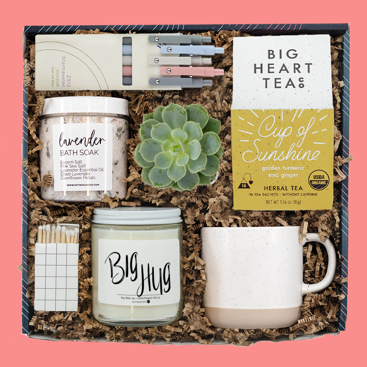 Cup of Sunshine Gift Box with tea, candle, mug, succulent, and bath soak