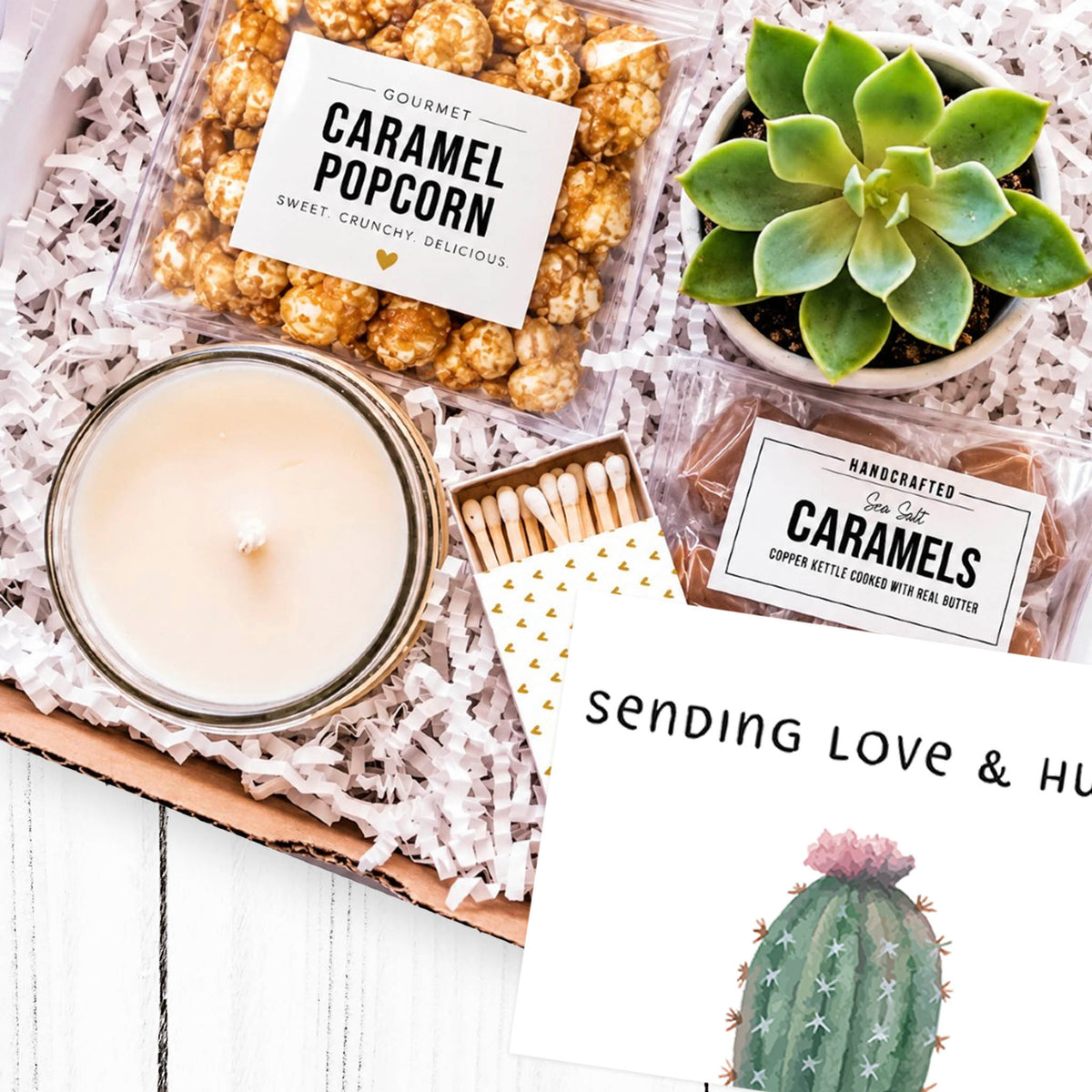 Deepest condolences sympathy gift box with succulent, candle and treats