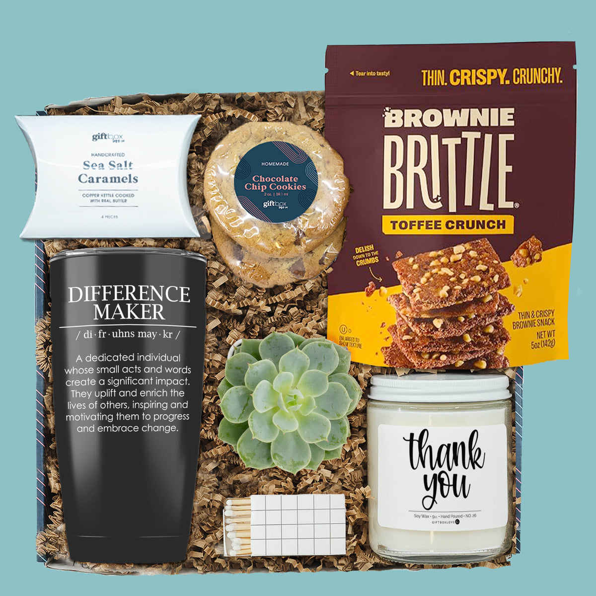 Difference Maker Thank You Gift Box with tumbler, candle, cookies, caramels, brownie brittle, succulent, and matches.