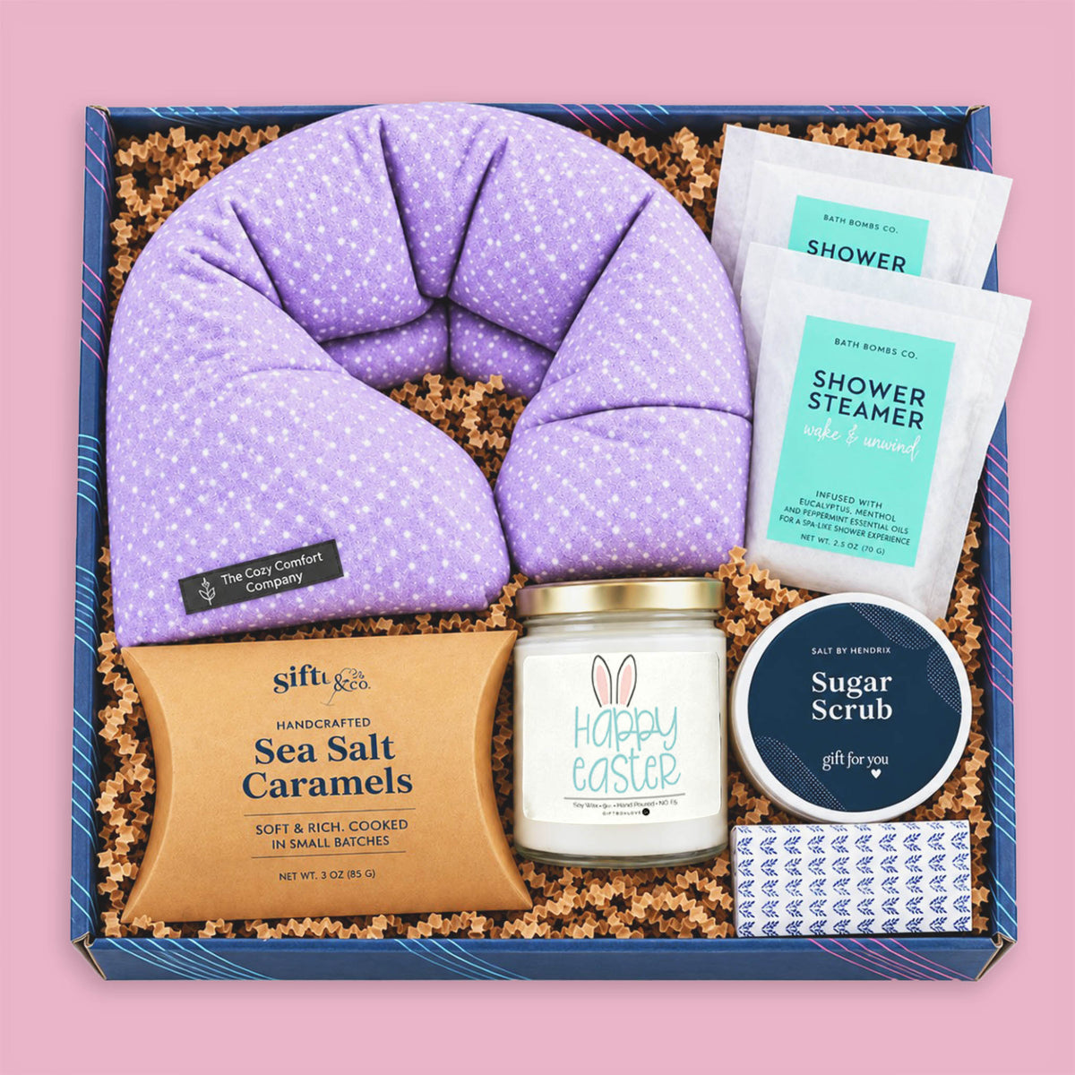 Easter Gift Box to Send Loved One with lavender neck wrap, Happy Easter bunny candle, shower steamers, sugar scrub, sea salt caramels, and decorative matches