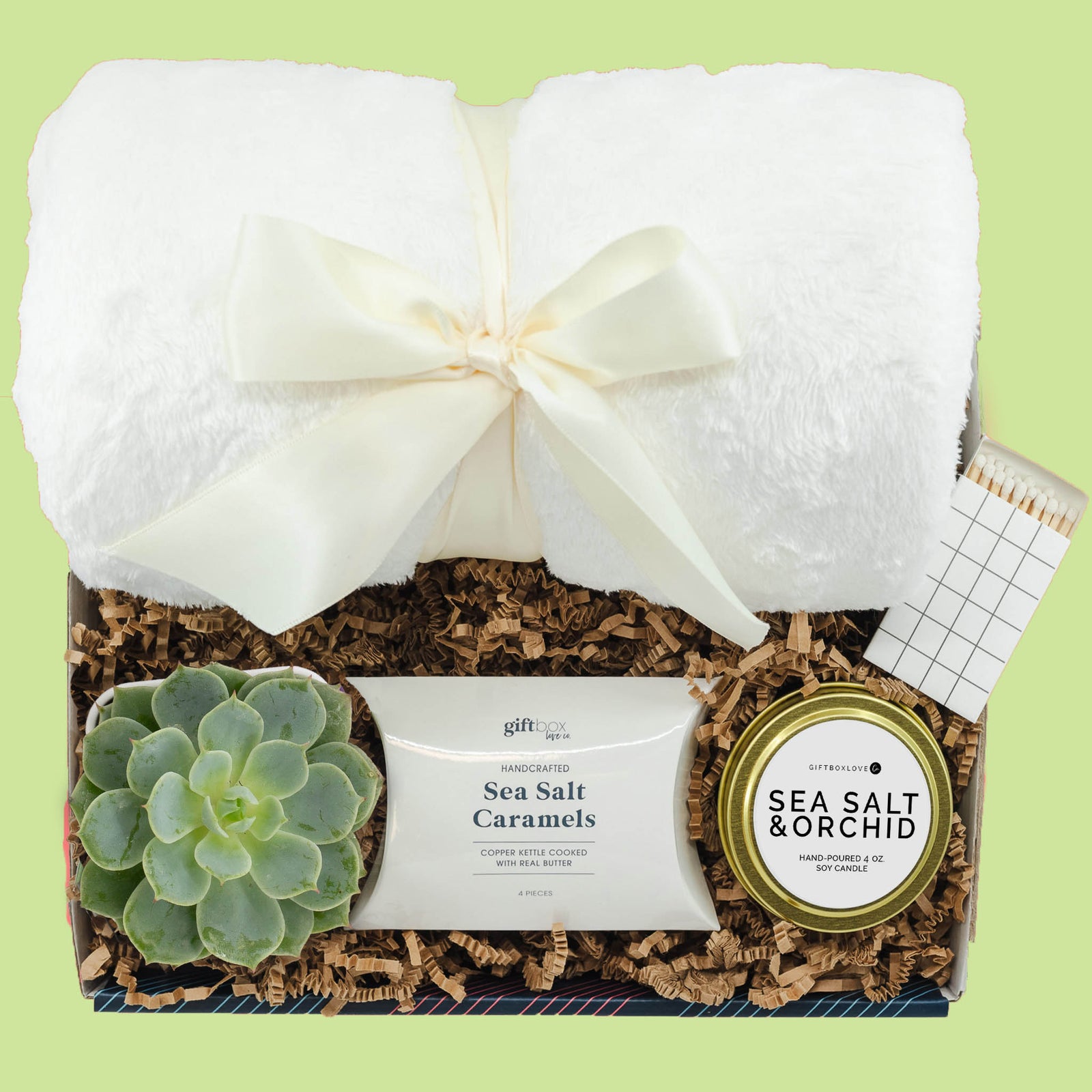 Easter glow gift box with blanket, candle, succulent and caramels