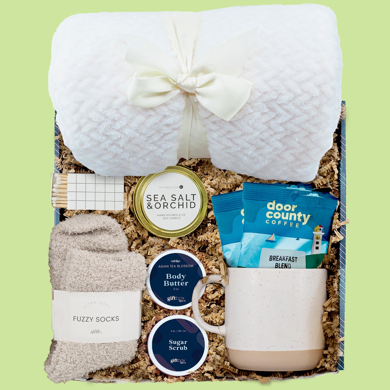 Easter morning gift box with coffee, mug, blanket, candle, fuzzy socks and spa items