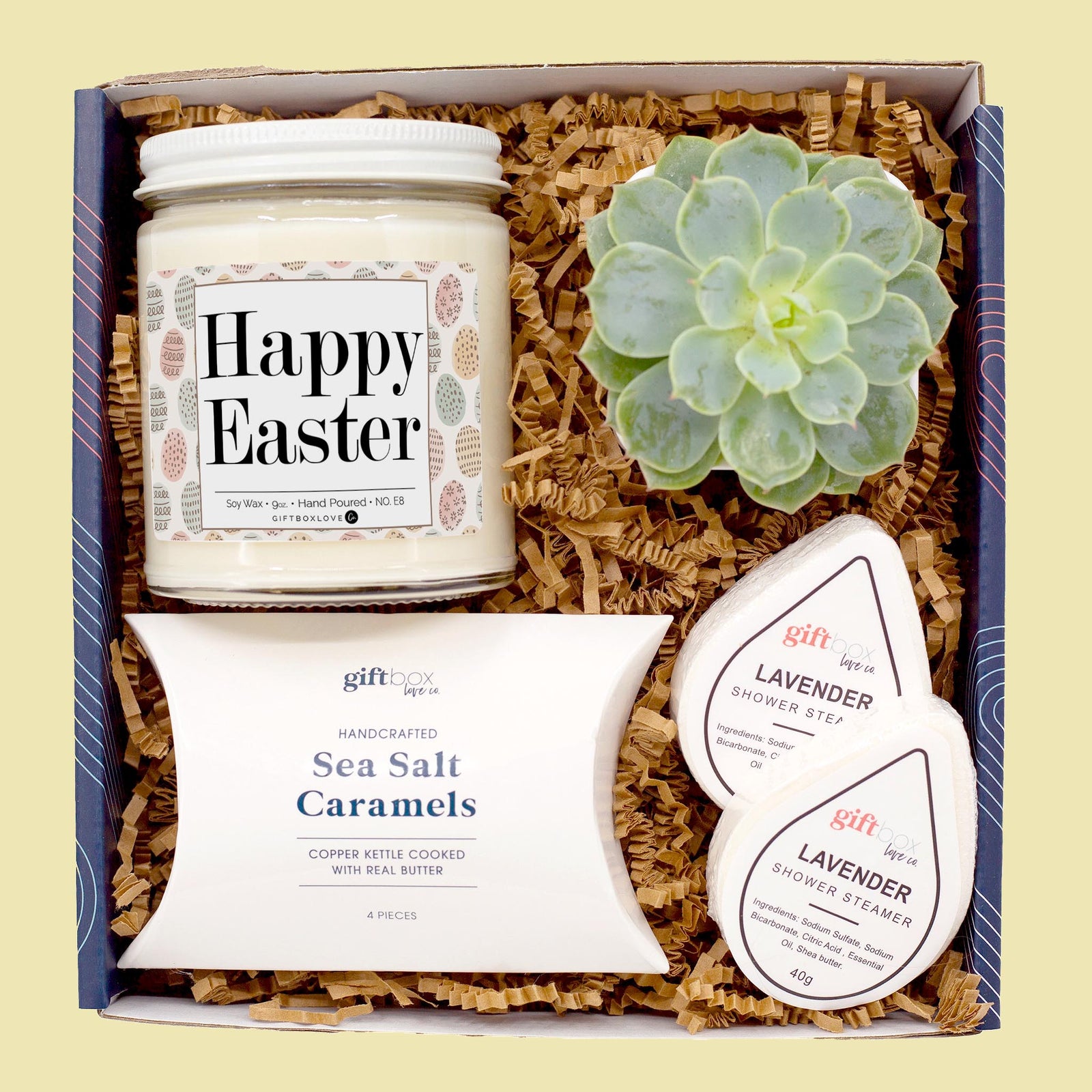 Easter relaxation gift box with candle, succulent, shower steamers and caramels
