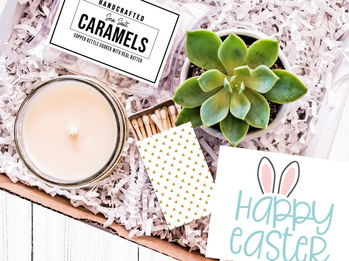Easter Succulent & Candle Gift Box featuring a live potted succulent, 4 oz soy candle, gourmet caramels, decorative matches, and a handwritten card.