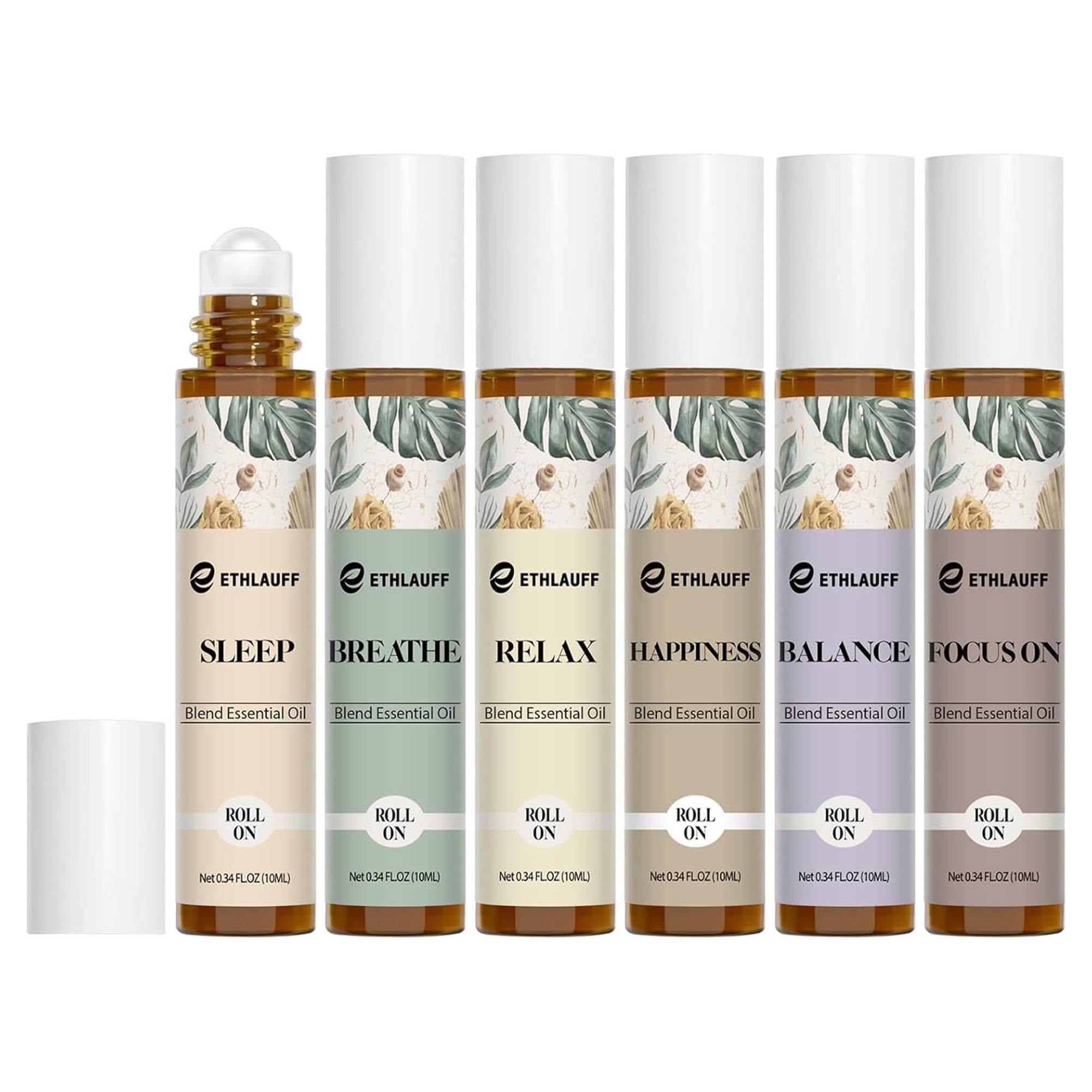 Aromatherapy essential oil roll-on set with six blends for calm and relaxation.
