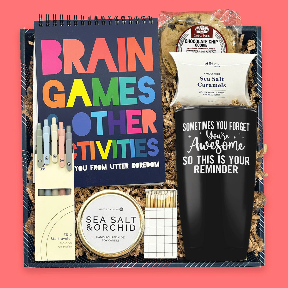 self care gift box with activity book candle treats and tumbler