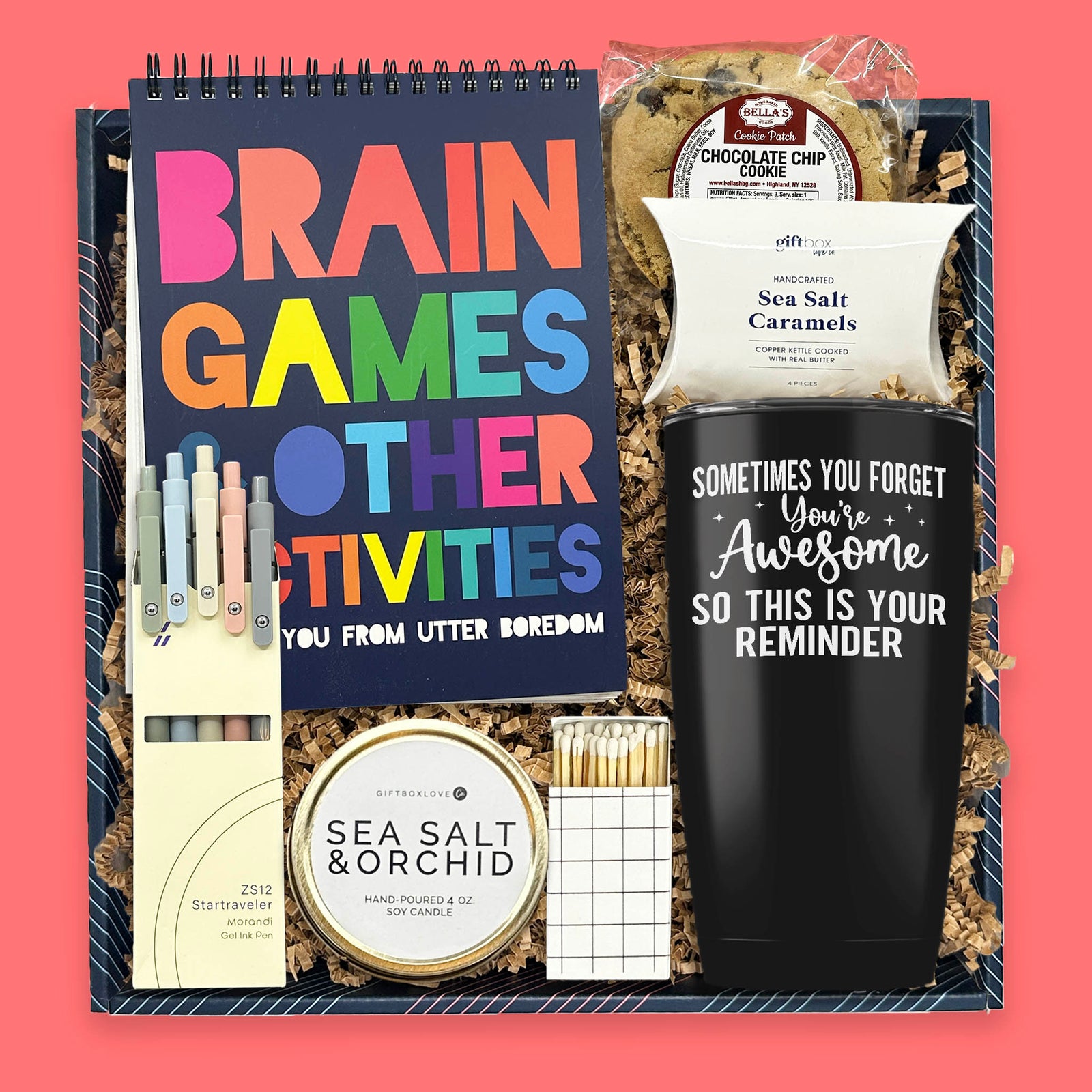 self care gift box with activity book candle treats and tumbler