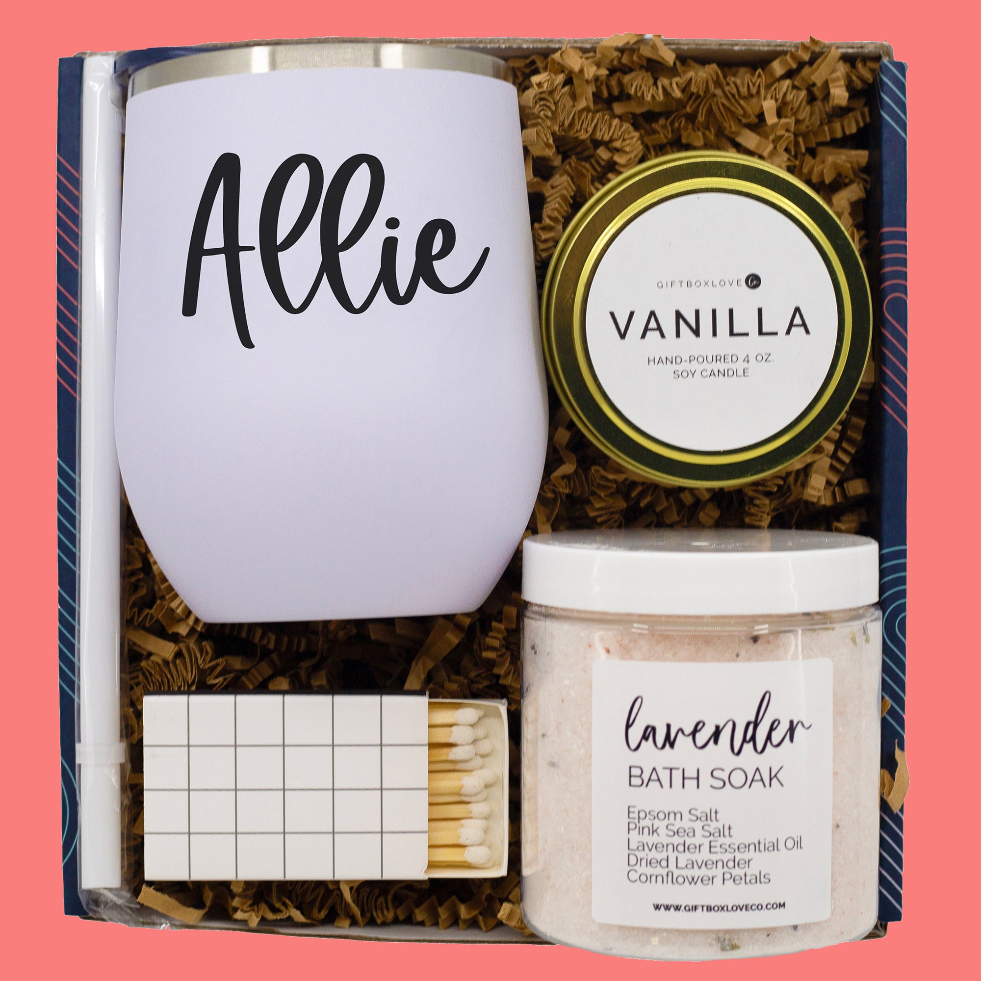 Favorite Spa Gift Box featuring a wine tumbler, 4 oz soy candle, matches, and lavender bath soak salts—perfect for self-care and relaxation.