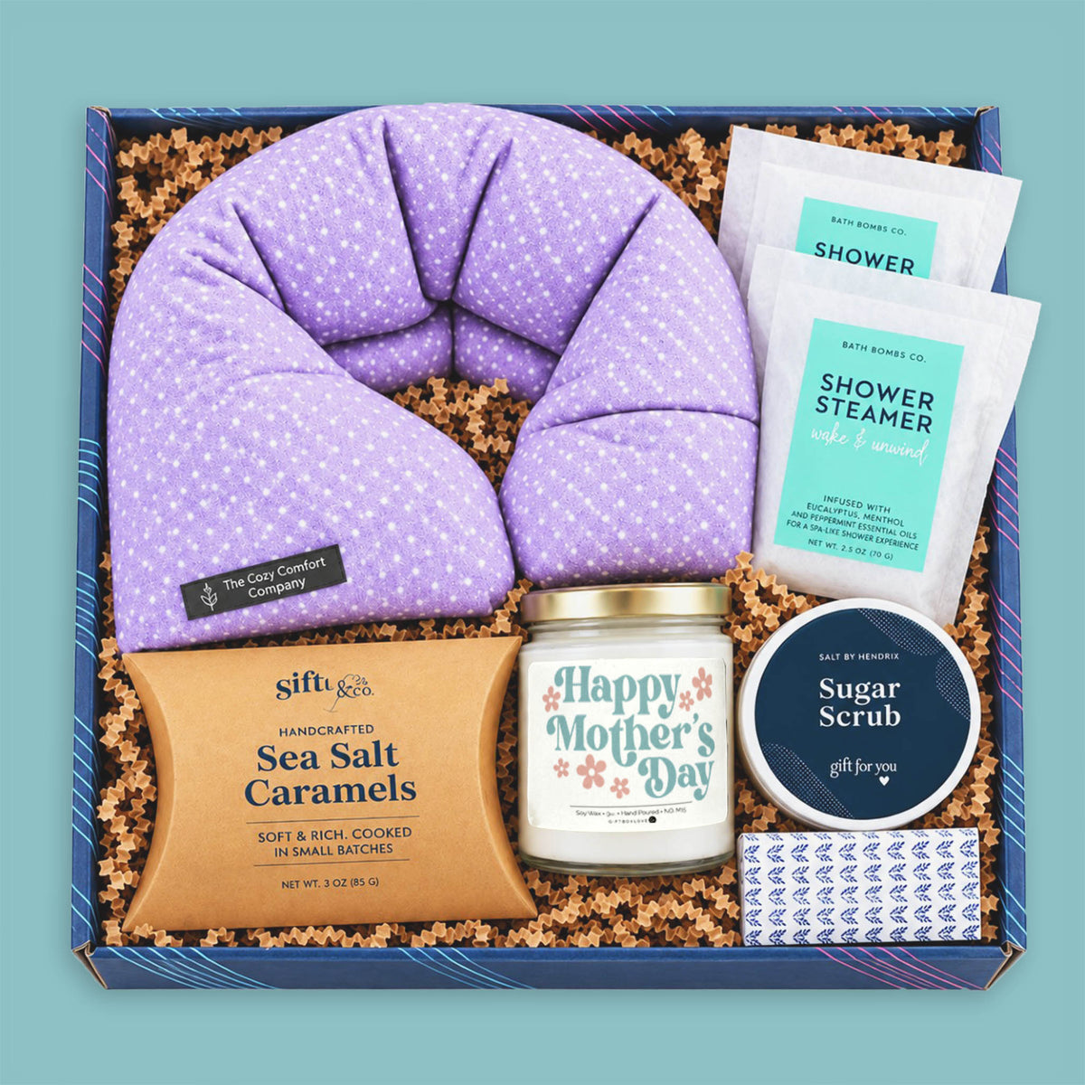 Floral Happy Mother's Day Candle Gift Box with lavender neck wrap, shower steamers, floral candle, sugar scrub, sea salt caramels, and decorative matches