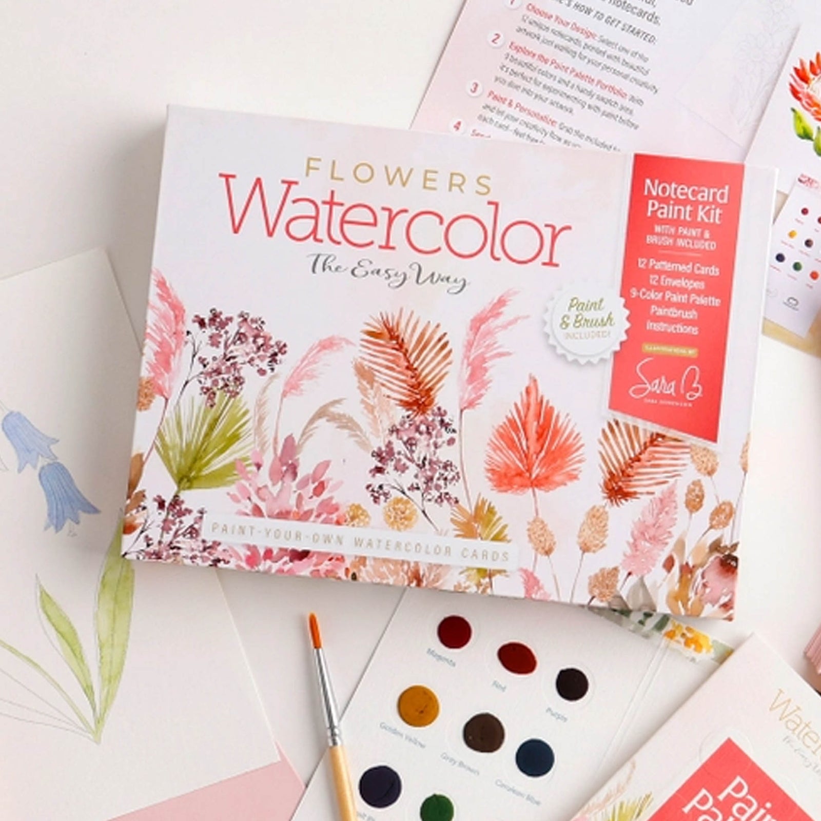 Flowers watercolor notecard paint kit with paint palette, brush, pattern cards, and envelopes