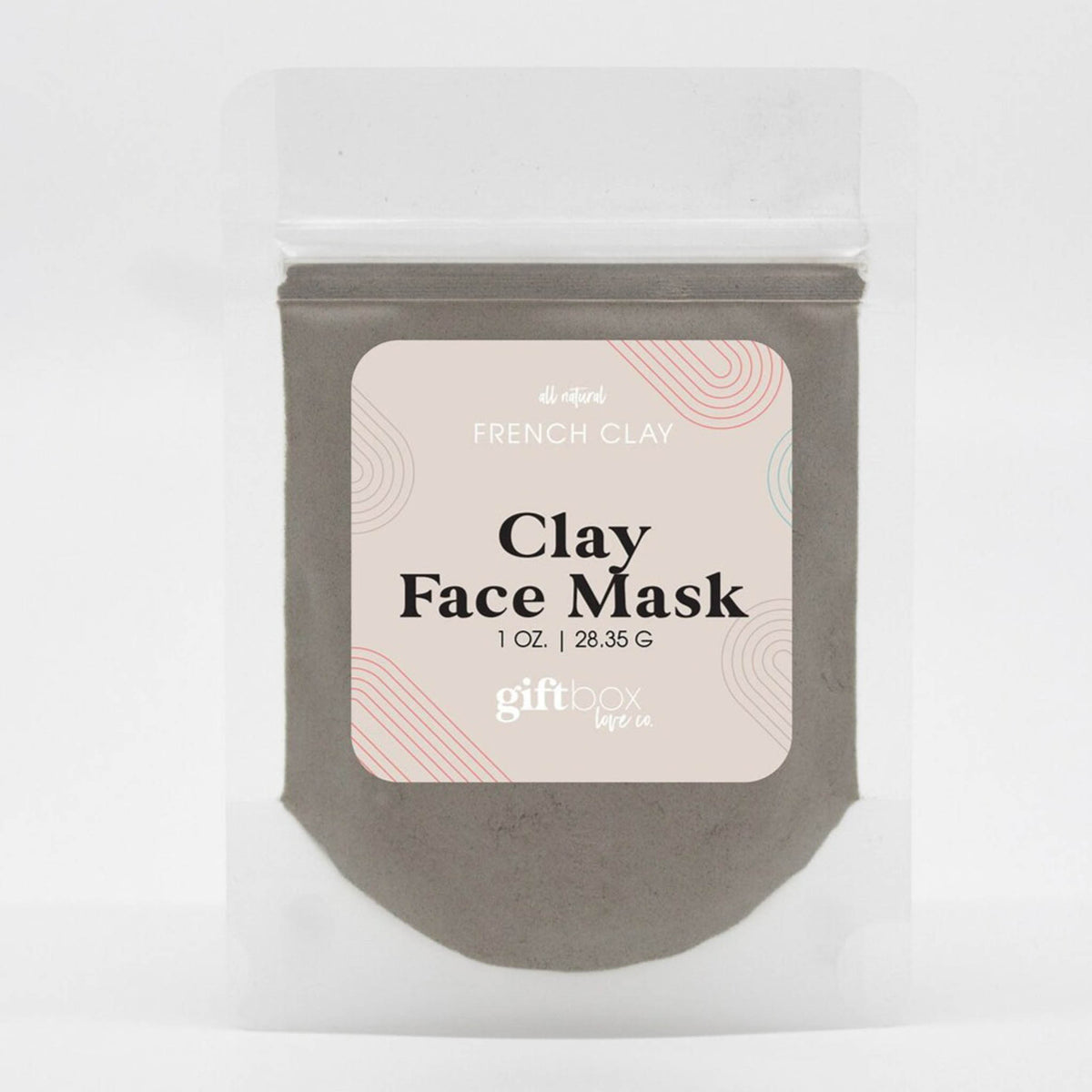 French clay face mask in resealable pouch from GiftBoxLoveCo, 1 oz all-natural skincare.