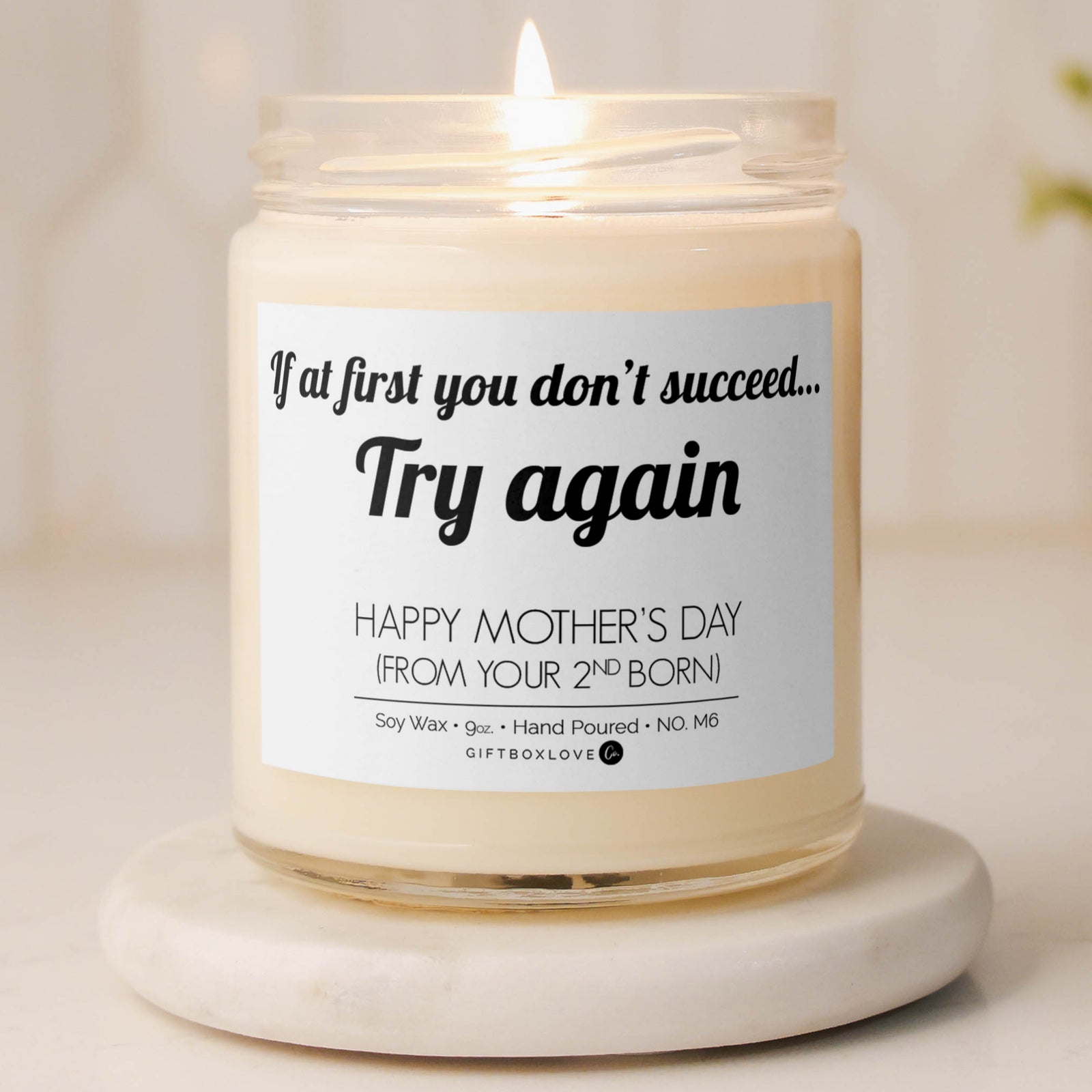 Funny lavender soy candle for Mother’s Day with label “Try again – From your 2nd born” – humorous 9 oz gift for moms with a great sense of humor.