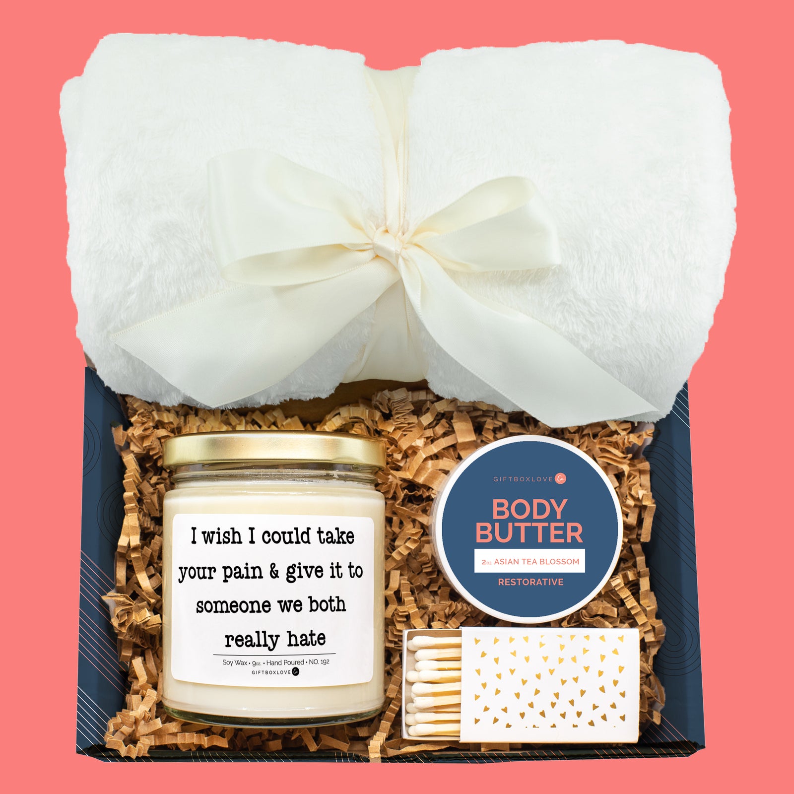 Funny get well gift box with cozy blanket, body butter, and cheeky candle