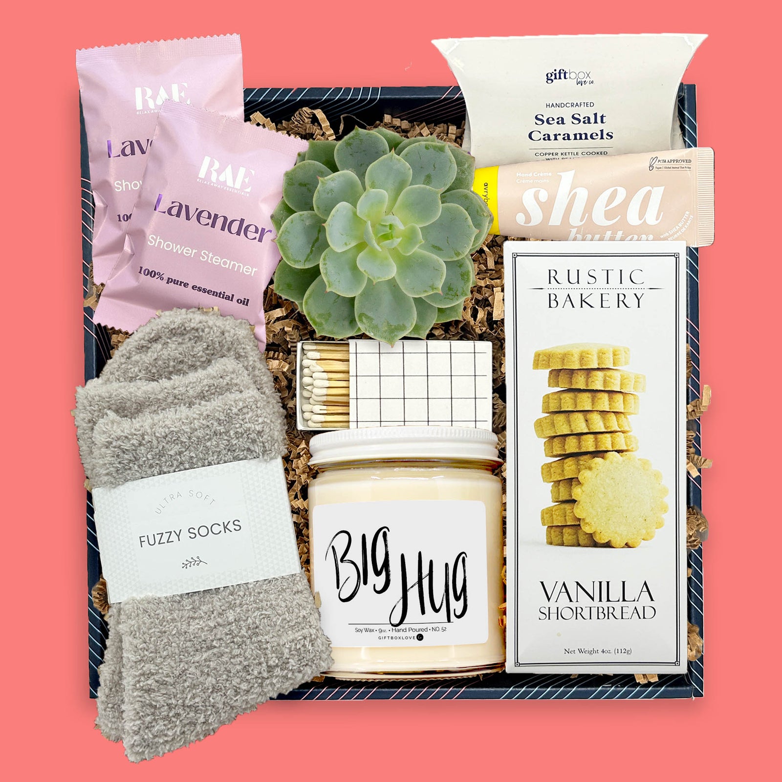 gentle moments gift box with fuzzy socks lavender shower steamers succulent candle shortbread and caramels