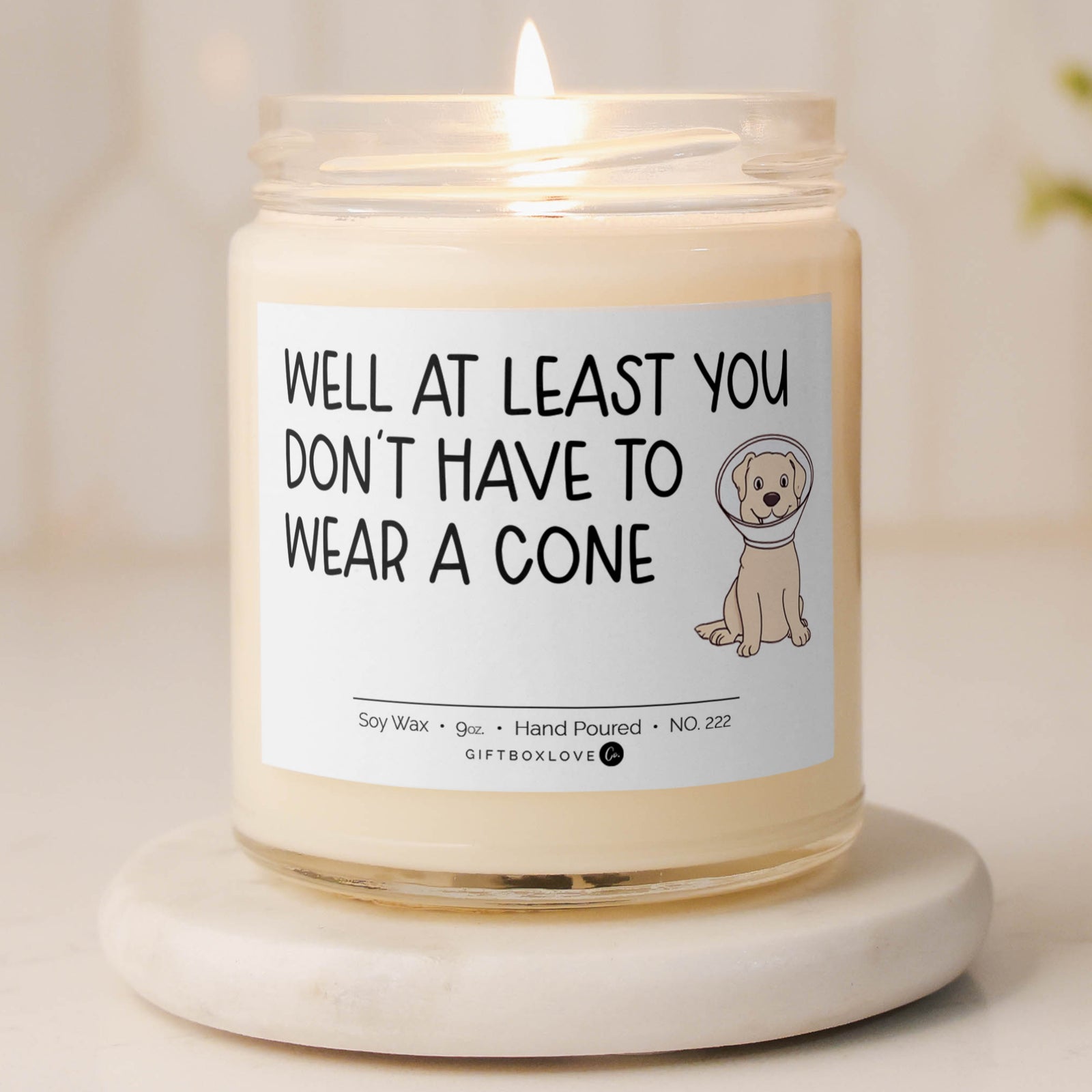 Get Well vanilla soy wax candle labeled "Well, At Least You Don’t Have to Wear a Cone," featuring a humorous dog-in-a-cone design to lift spirits.