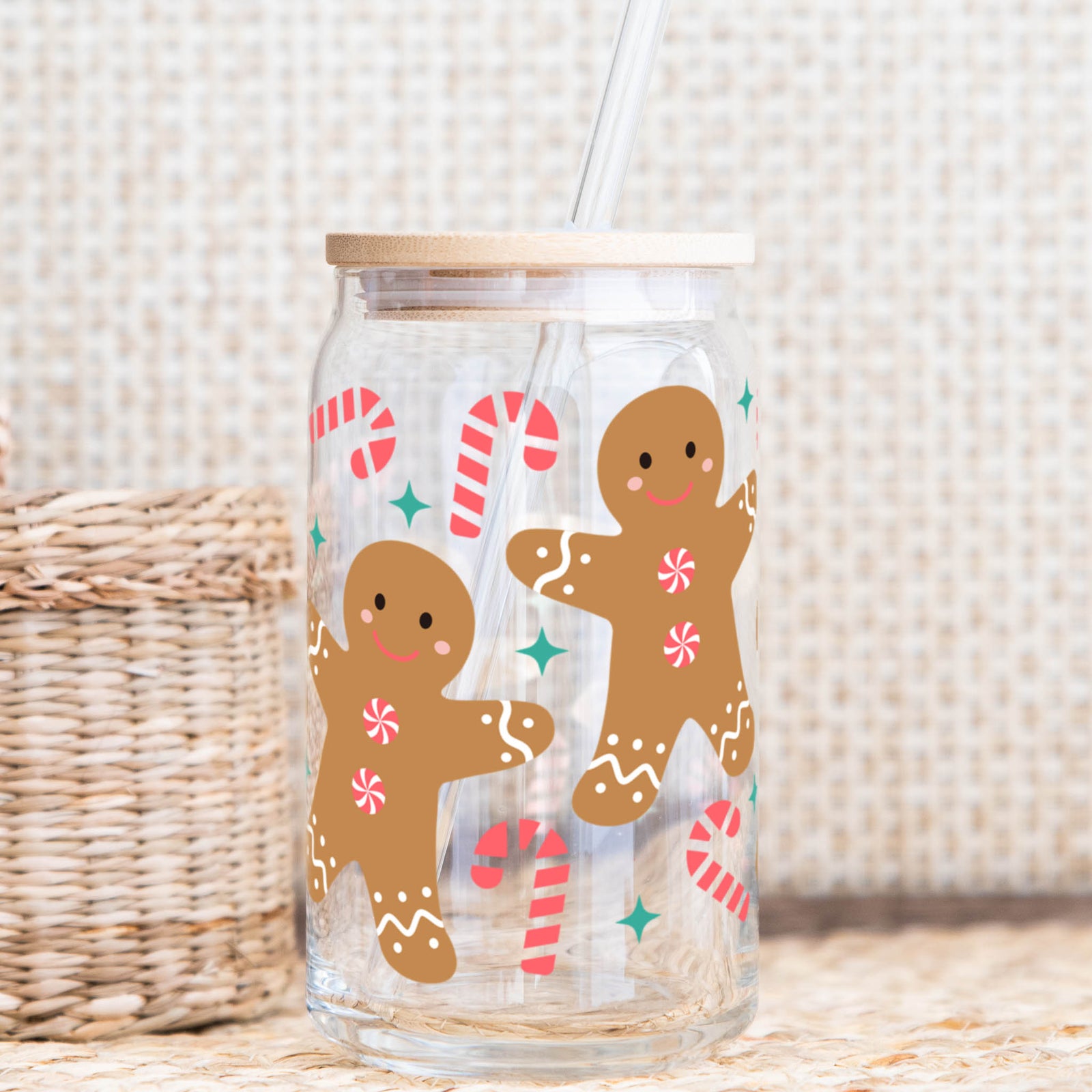 Gingerbread holiday glass cup with bamboo lid and straw