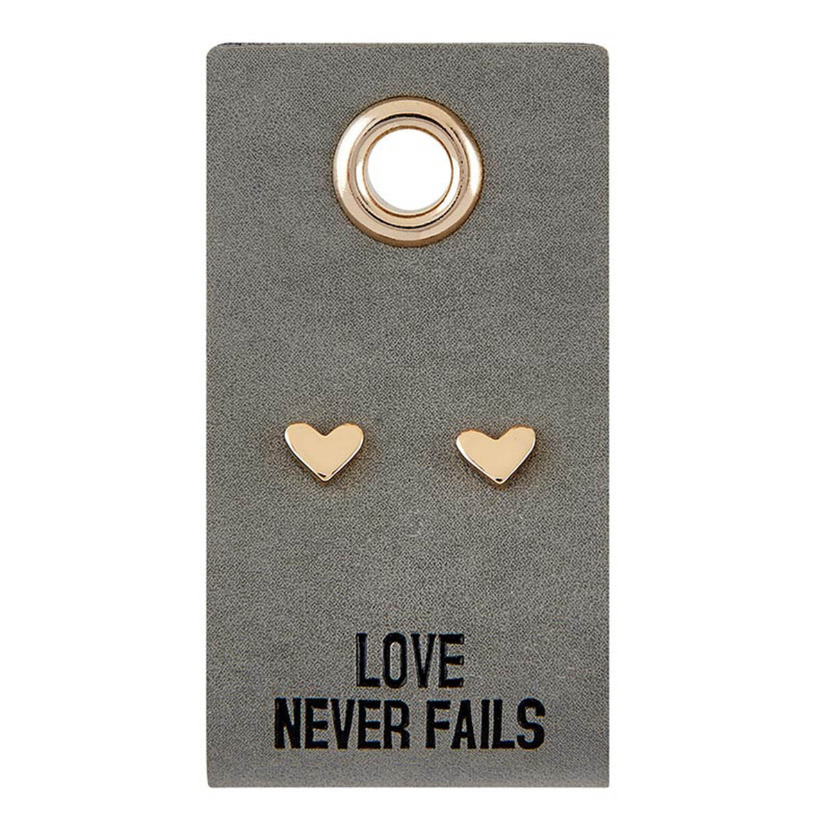 Gold heart stud earrings with love never fails message card minimalist jewelry
